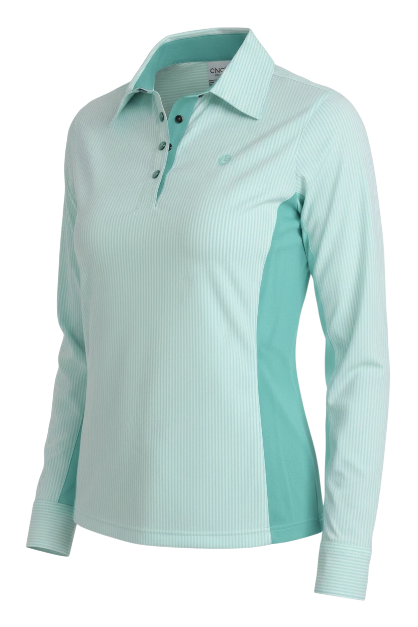 Go West Supply light turquoise and white striped long sleeve shirt with turquoise side panels and embroidered logo.