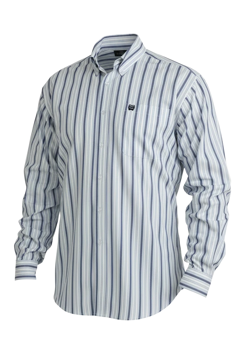 Go West Supply mens blue and white striped long sleeve button-up shirt with a chest pocket and embroidered logo.