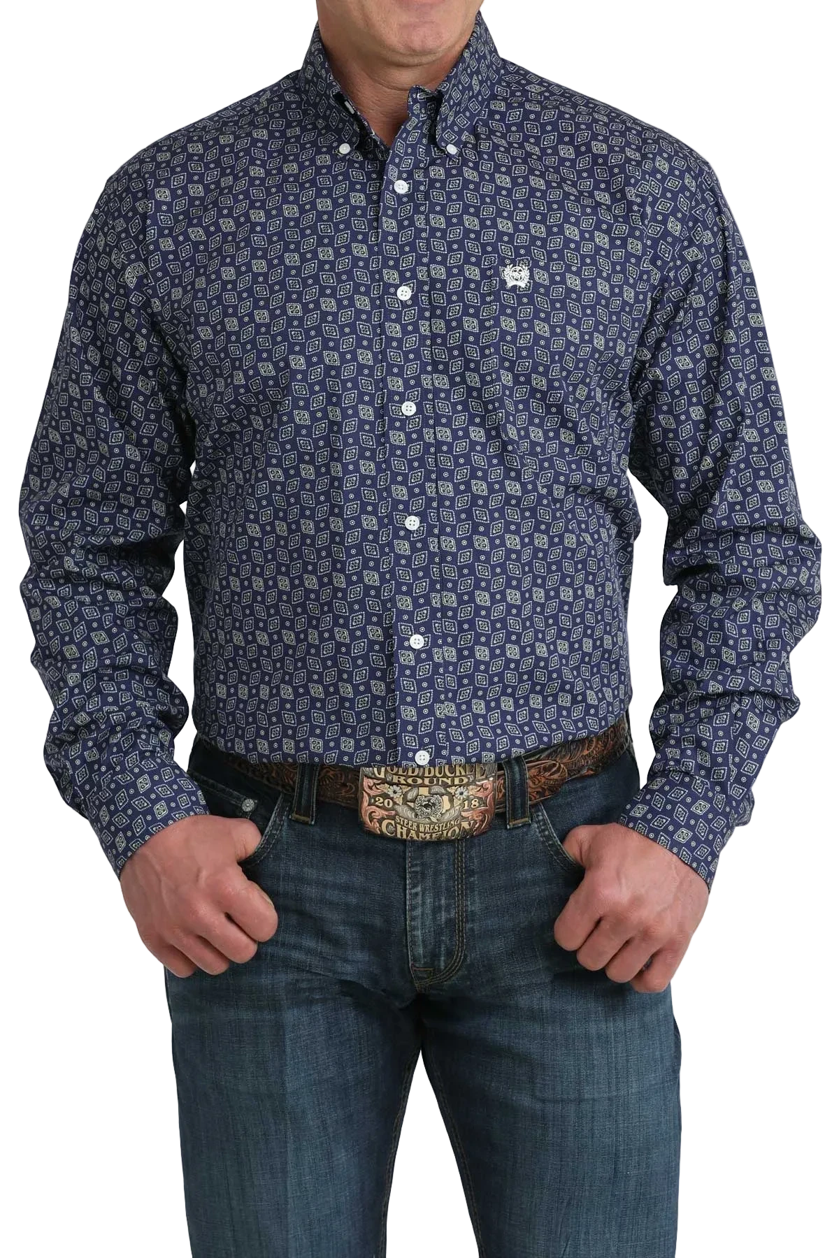 Go West Supply men's long sleeve navy blue shirt with allover geometric print, button front, chest pocket and crisp collar.