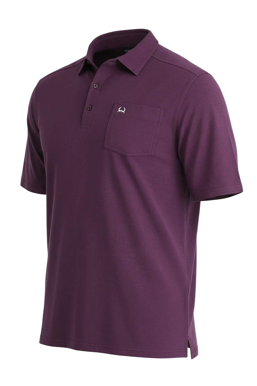 Go West Supply Men's short sleeve purple ArenaFlex polo shirt with chest pocket and button placket.