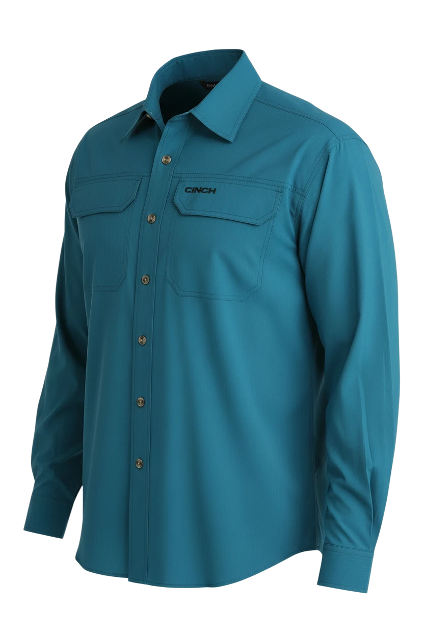 Go West Supply Men's teal long sleeve Arenaflex shirt with embroidered Cinch logo and two chest pockets.