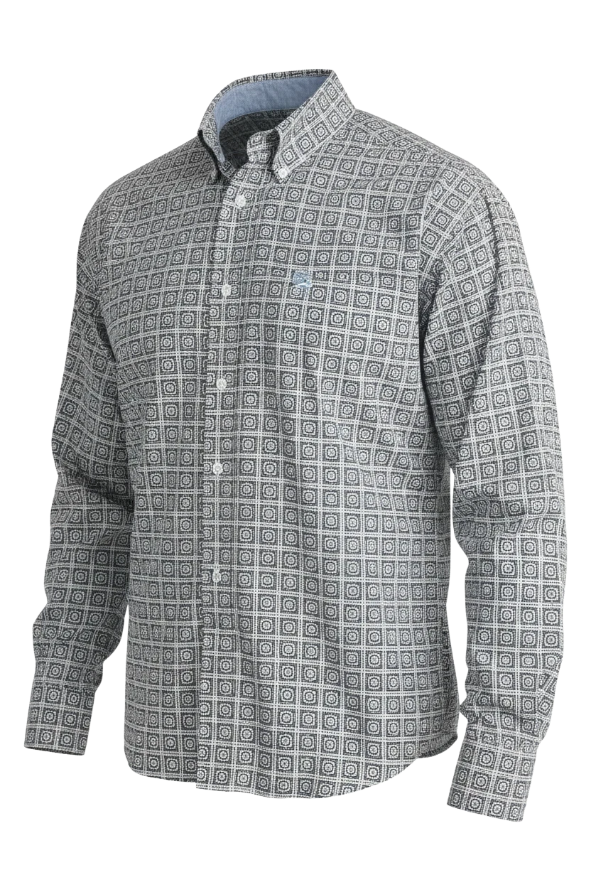 Go West Supply men's long sleeve button-up shirt in white with a blue geometric pattern. Features a collared neckline and button cuffs.