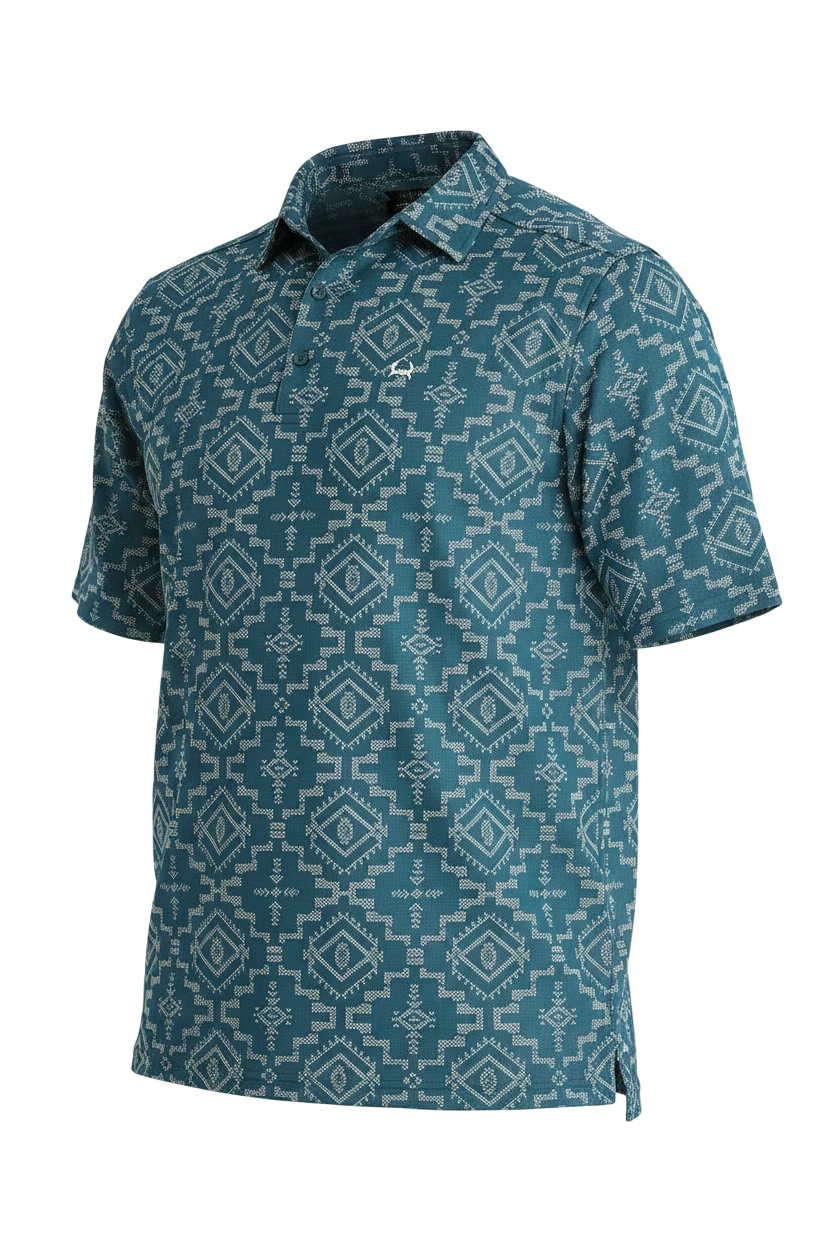 Go West Supply Men's teal short sleeve polo with geometric pattern and white embroidered logo.