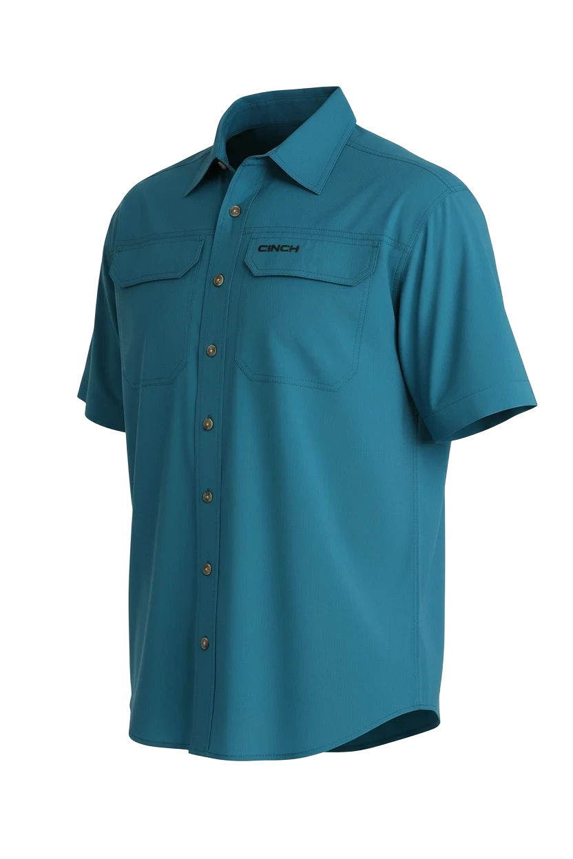 Go West Supply Men's short sleeve teal poly-spandex shirt with two chest pockets and Cinch logo.