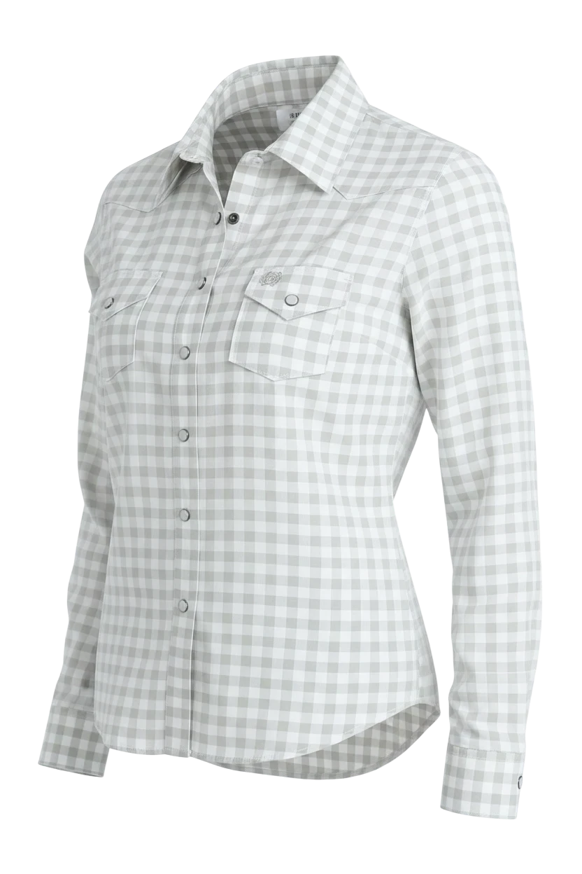 Go West Supply womens long sleeve Arenaflex shirt in light grey and white gingham. Quick-drying poly-spandex blend with pearl snap buttons and embroidered logo.
