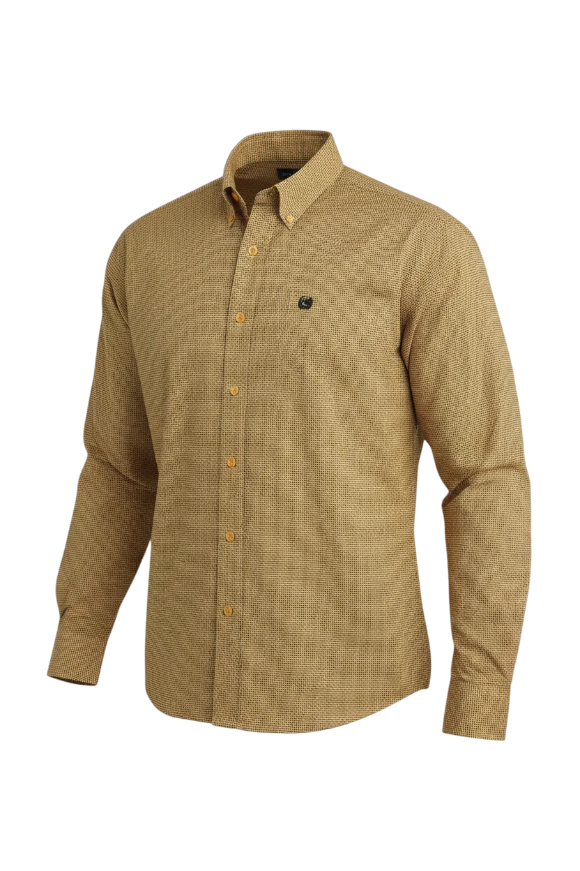 Go West Supply men's yellow long sleeve button-down shirt with a small dark geometric print and chest pocket.
