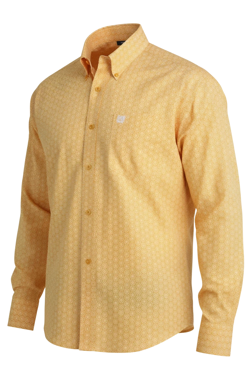 Go West Supply men's yellow long sleeve button-up shirt with a white geometric print and a white logo patch on the chest pocket.