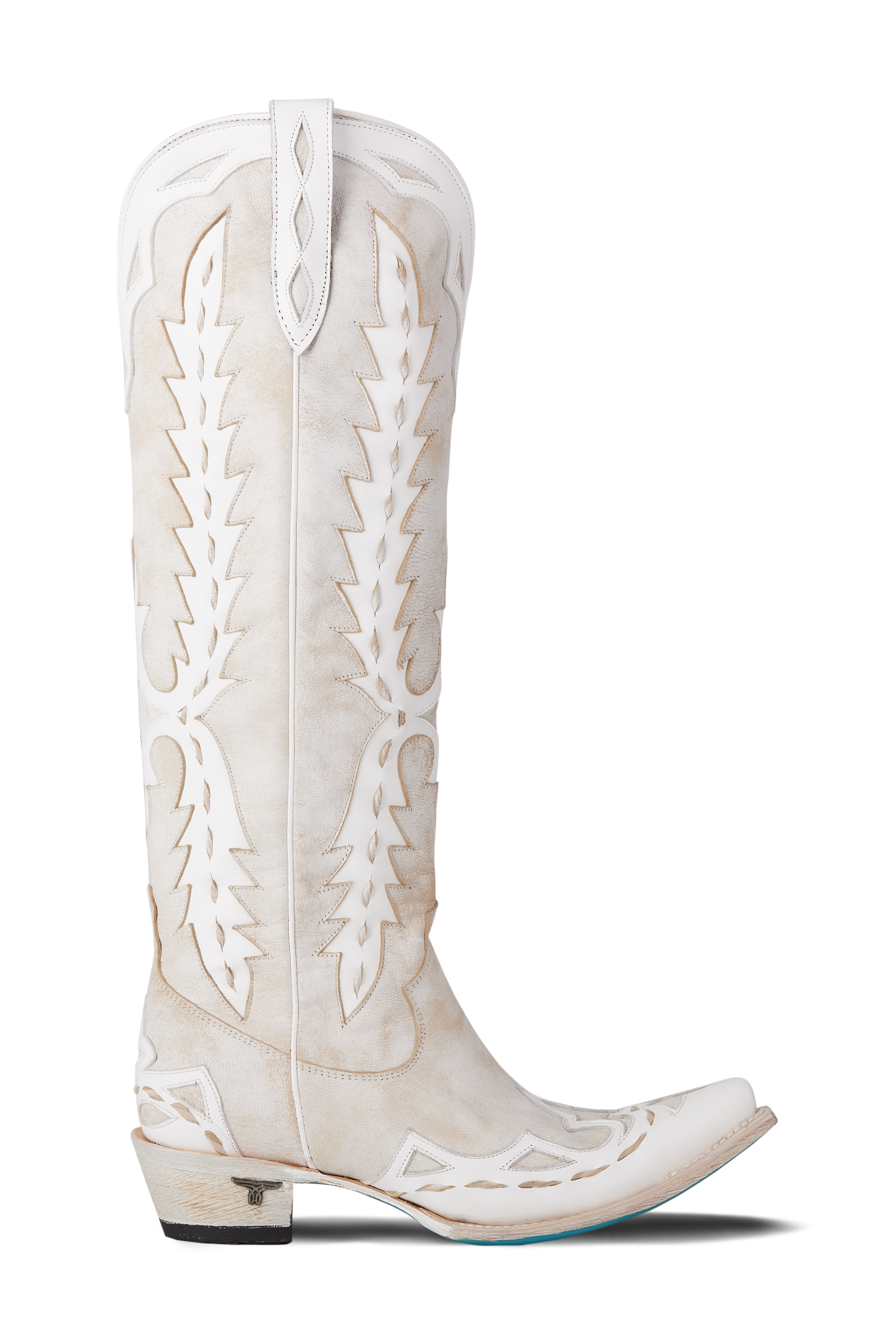 Side view of white knee-high boot showing tall shaft and pointed toe