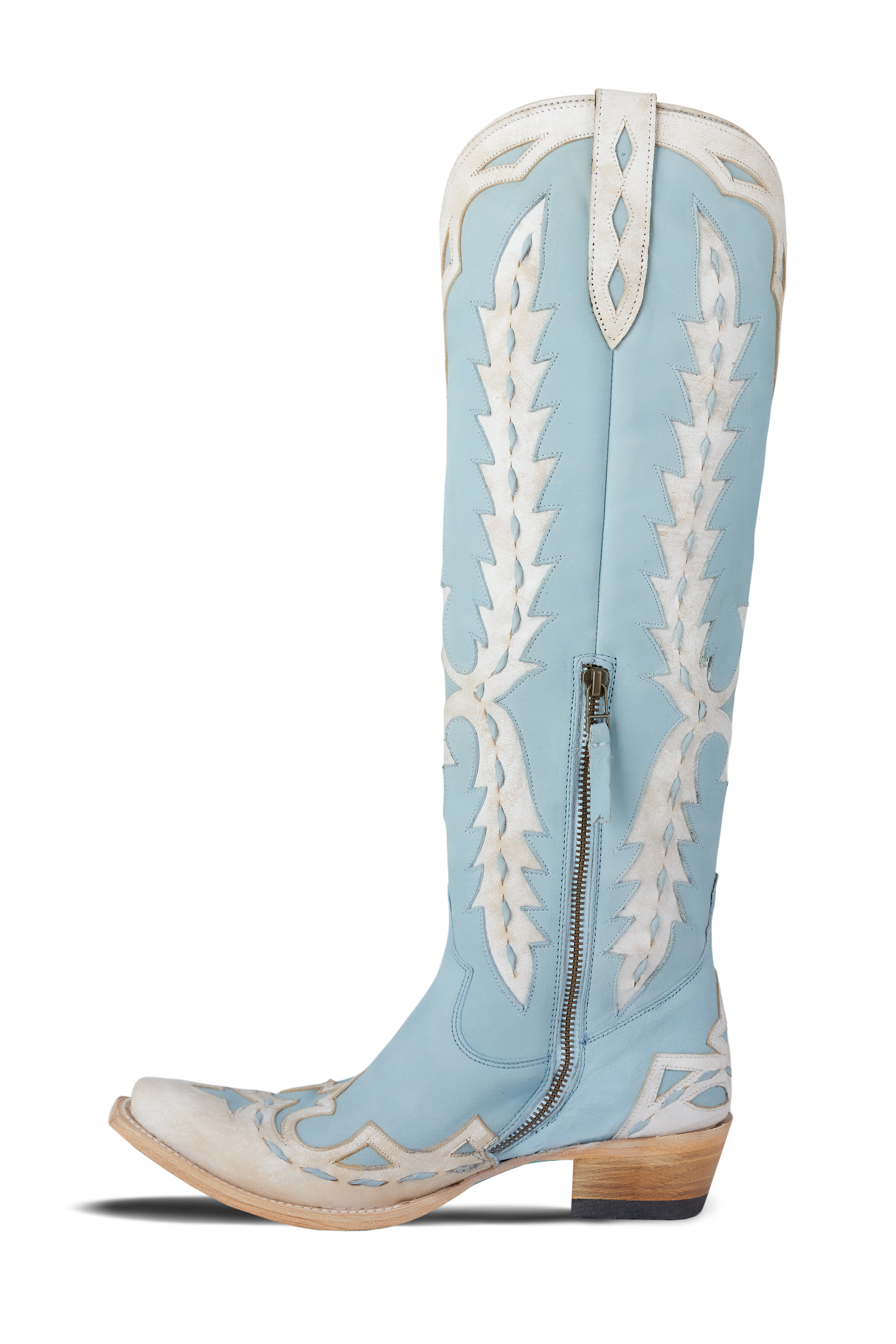 Side view of powder blue knee-high boot showing tall shaft and pointed toe