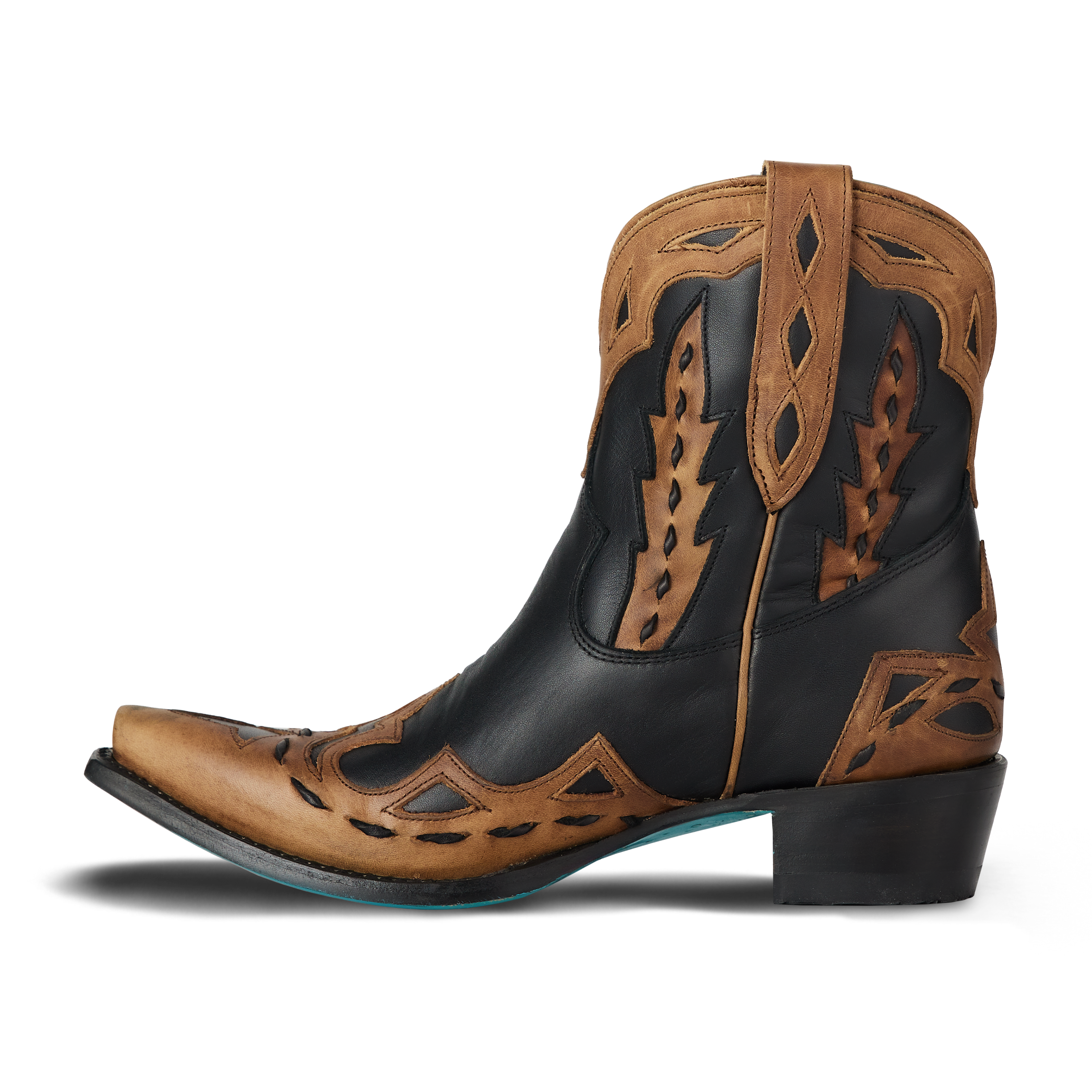 Brown and black cowboy boot with intricate design on a white background