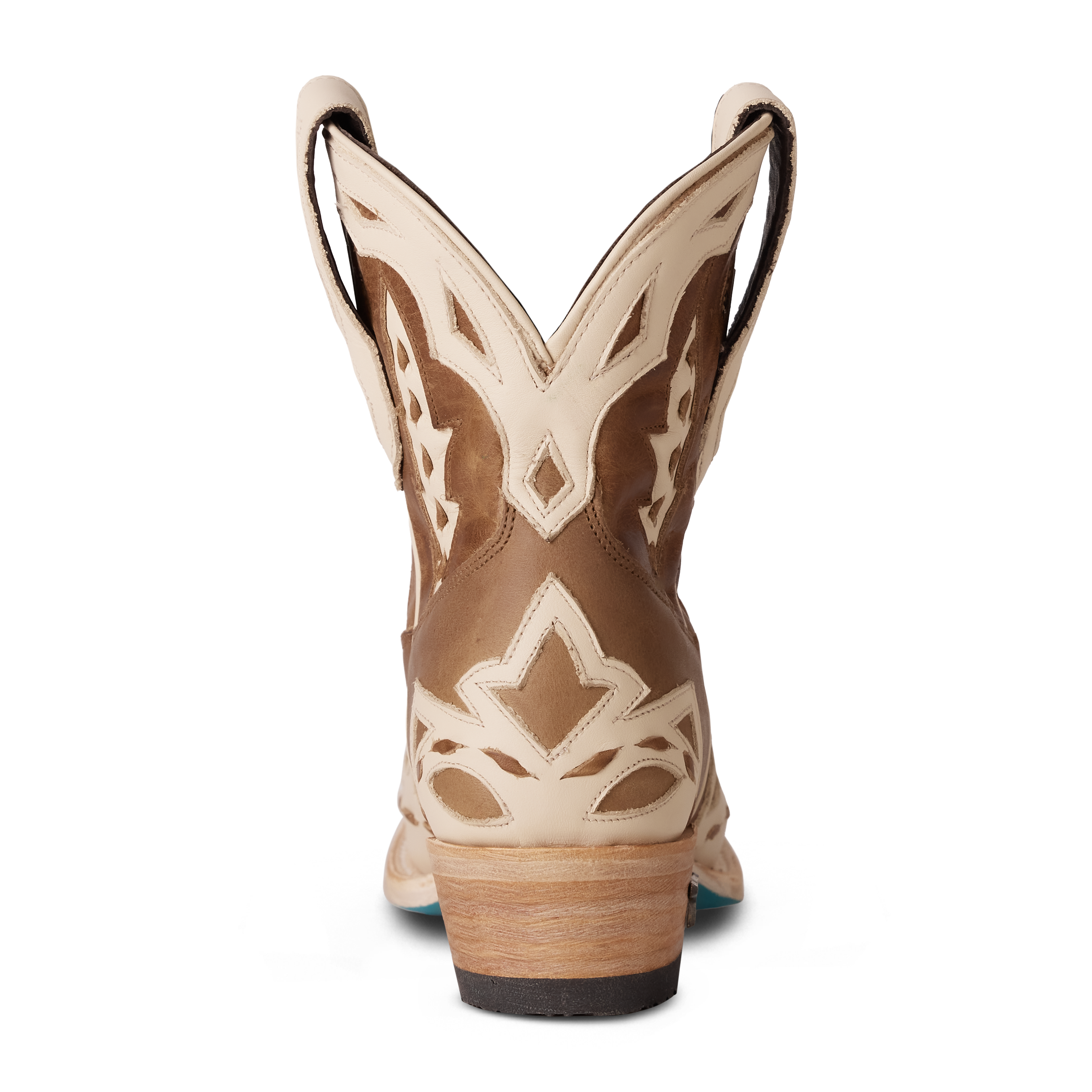 Back view of a brown and cream western ankle boot featuring detailed stitching, a short shaft with pull tabs, and contrasting cream overlays
