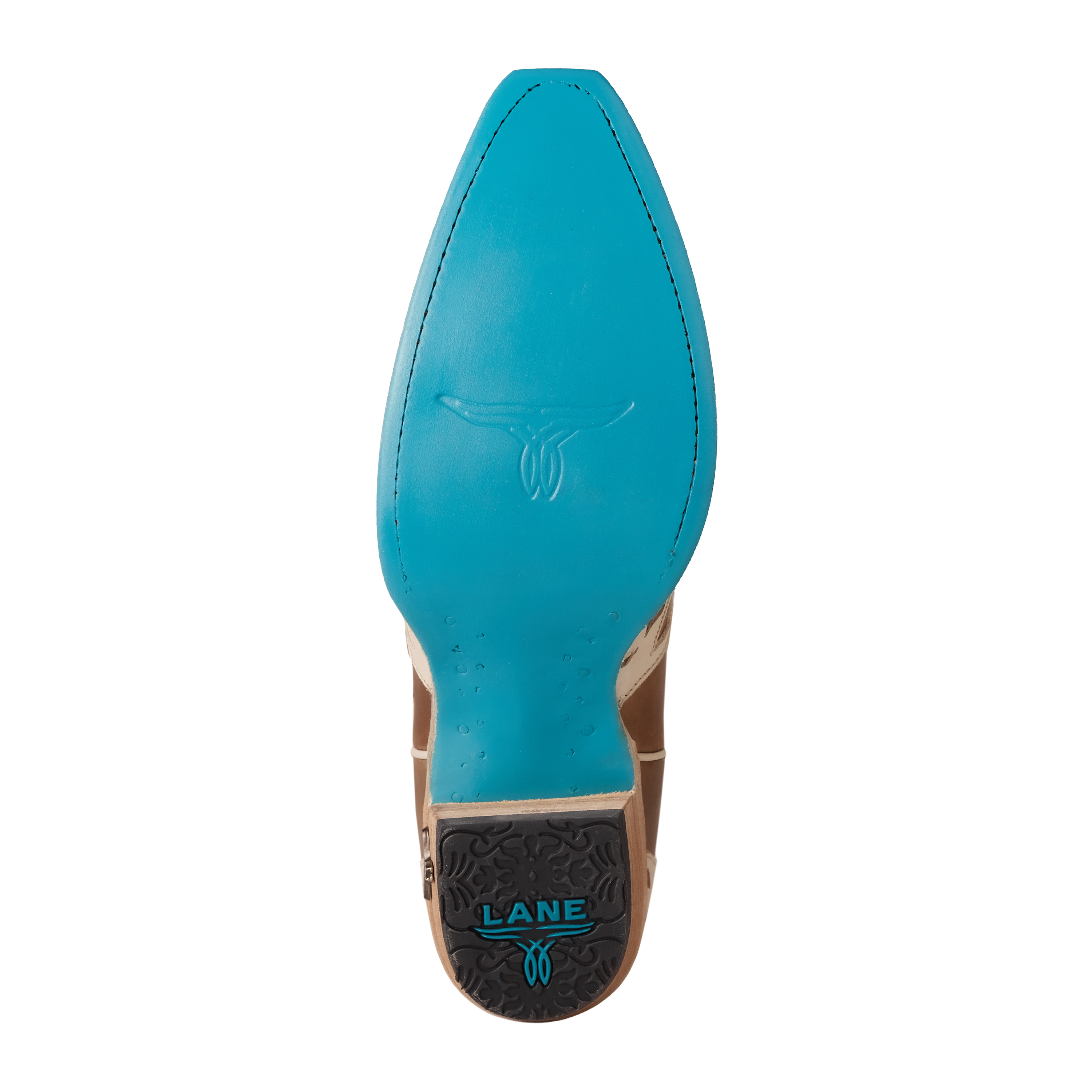 Close-up view of a boot’s bright turquoise sole featuring a stamped longhorn-style emblem in the center and a black heel cap with “LANE” branding in turquoise