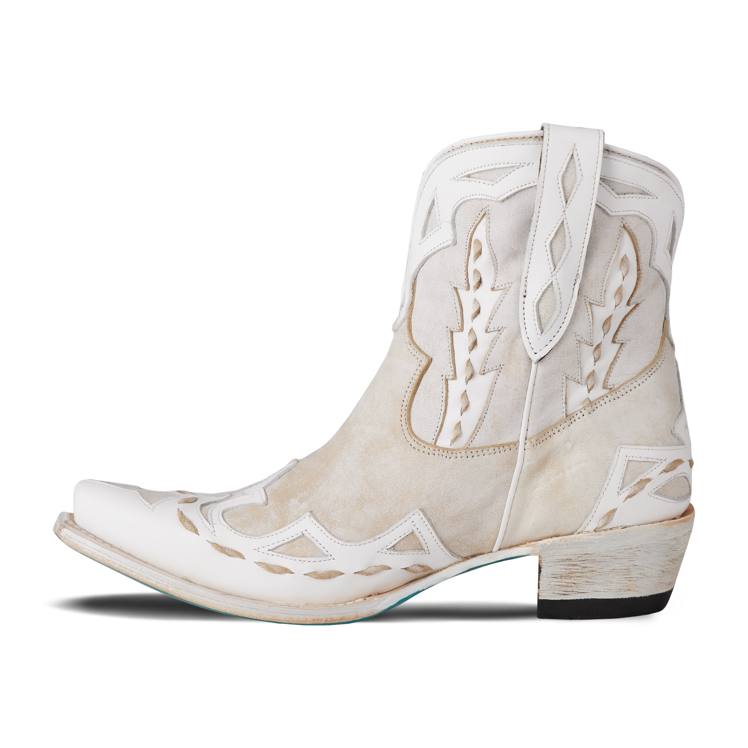 Side view of ceramic crackle Go West bootie showing short height and pointed toe