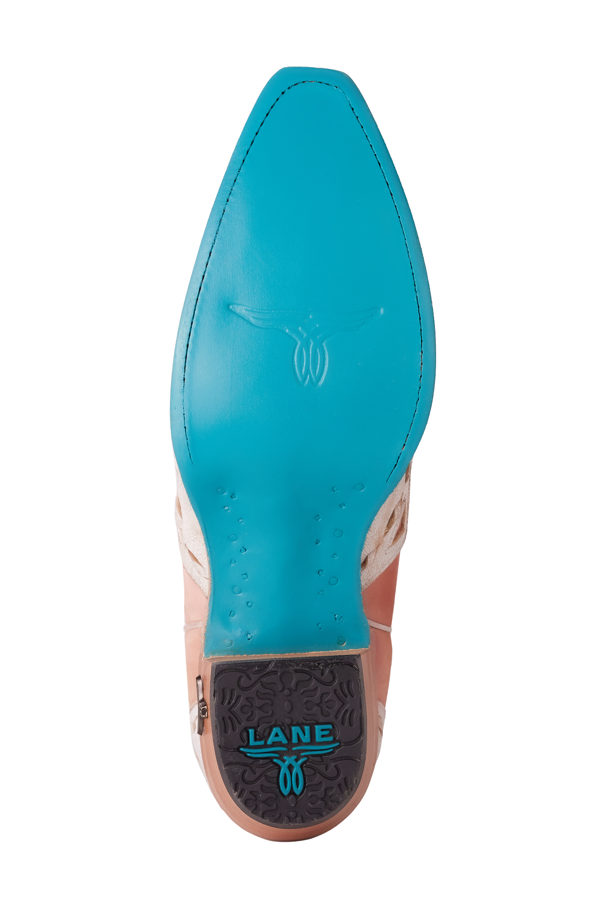 Close-up view of a boot’s bright turquoise sole featuring a stamped longhorn-style emblem in the center and a black heel cap with “LANE” branding in turquoise
