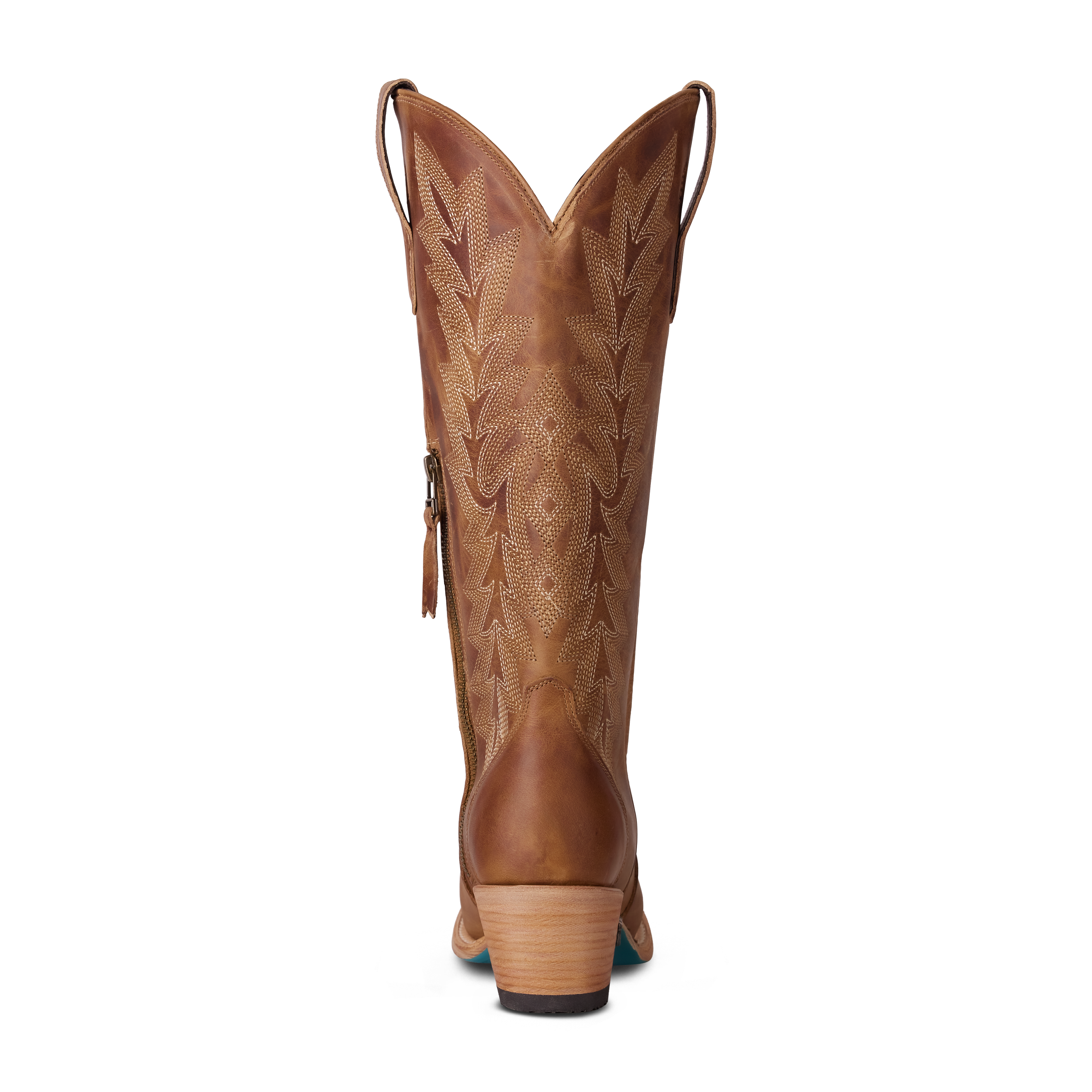 Back view of a tall tan leather cowboy boot featuring decorative stitched patterns up the shaft, pull loops on both sides, and a stacked wooden heel