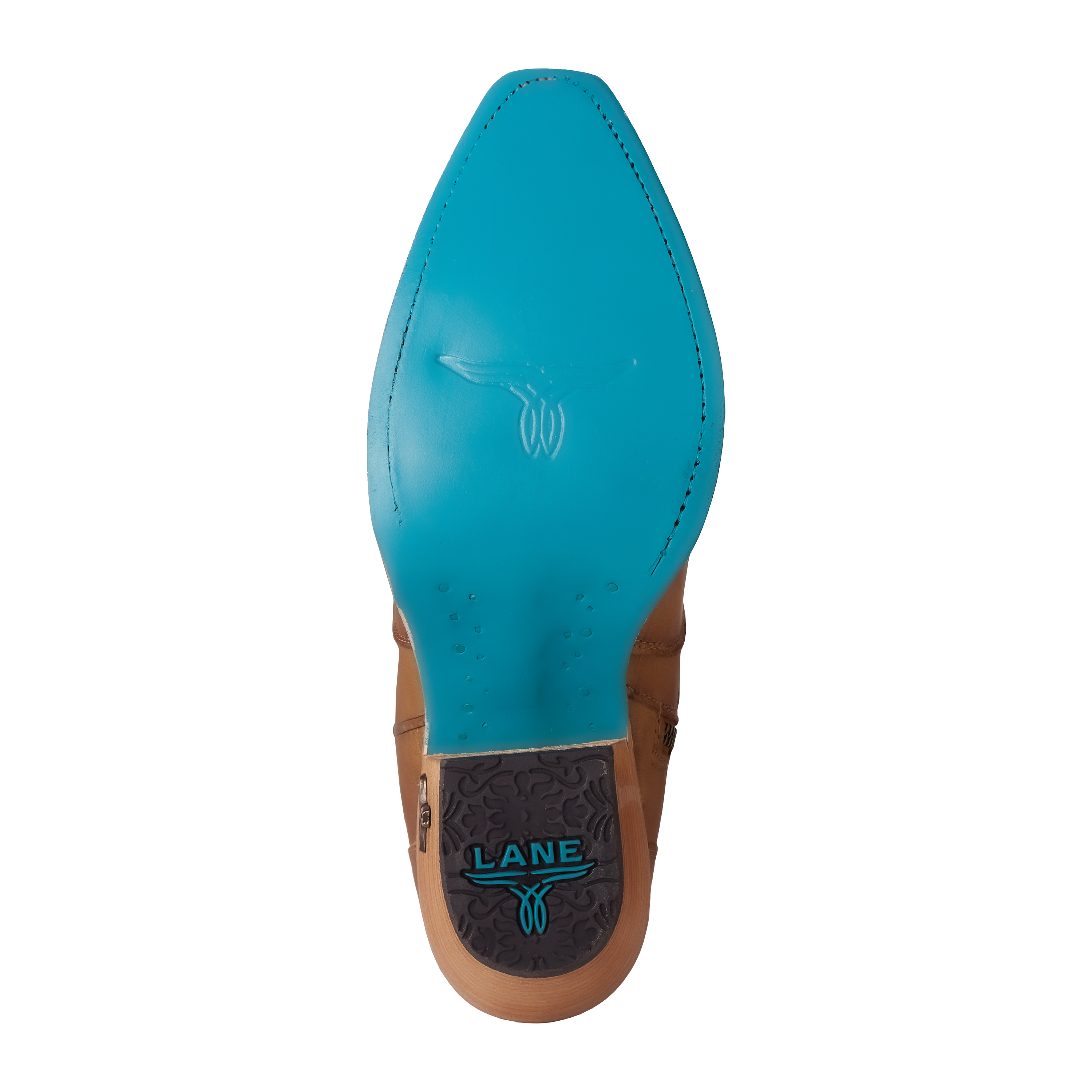Close-up view of a boot’s bright turquoise sole featuring a stamped longhorn-style emblem in the center and a black heel cap with “LANE” branding in turquoise