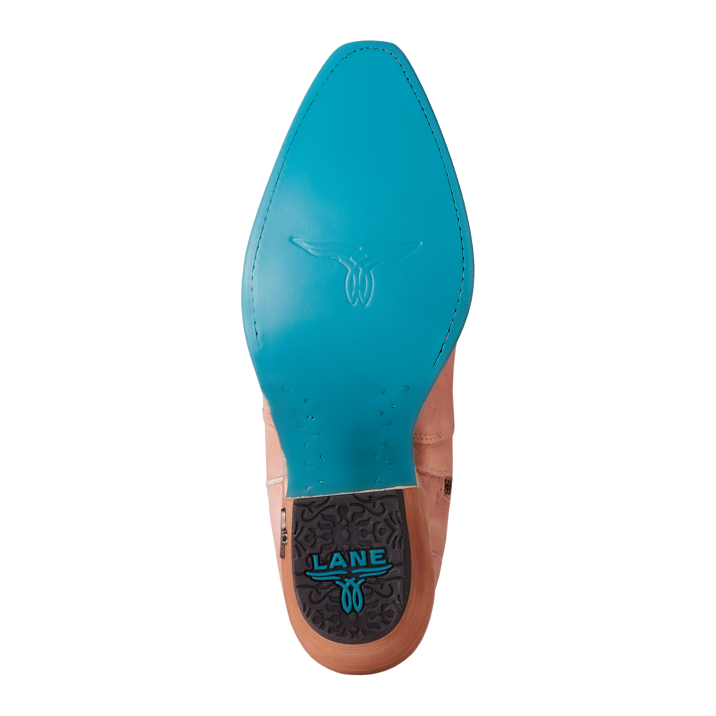 Close-up view of a boot’s bright turquoise sole featuring a stamped longhorn-style emblem in the center and a black heel cap with “LANE” branding in turquoise