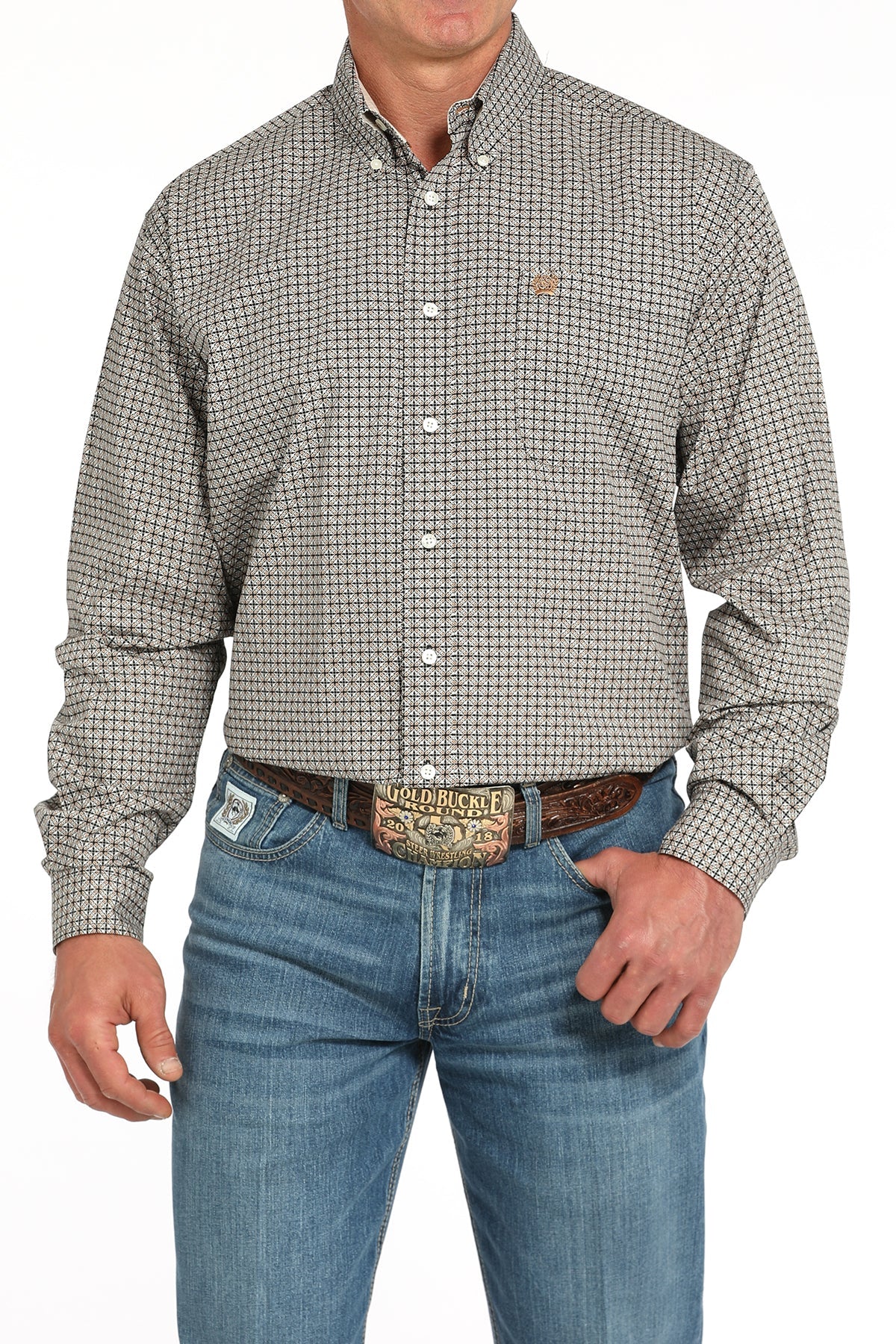 Man wearing a multi-colored check Cinch long sleeve button-down shirt with jeans and a belt buckle on a white background