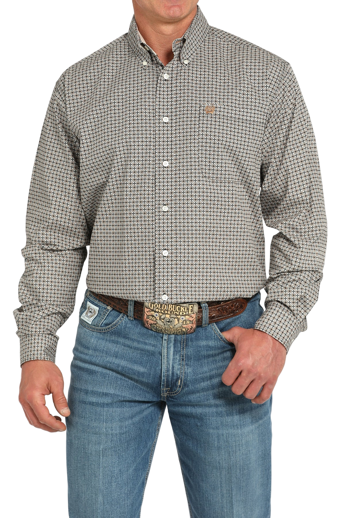 Man wearing a patterned gray long sleeve button-down shirt and jeans on a transparent background