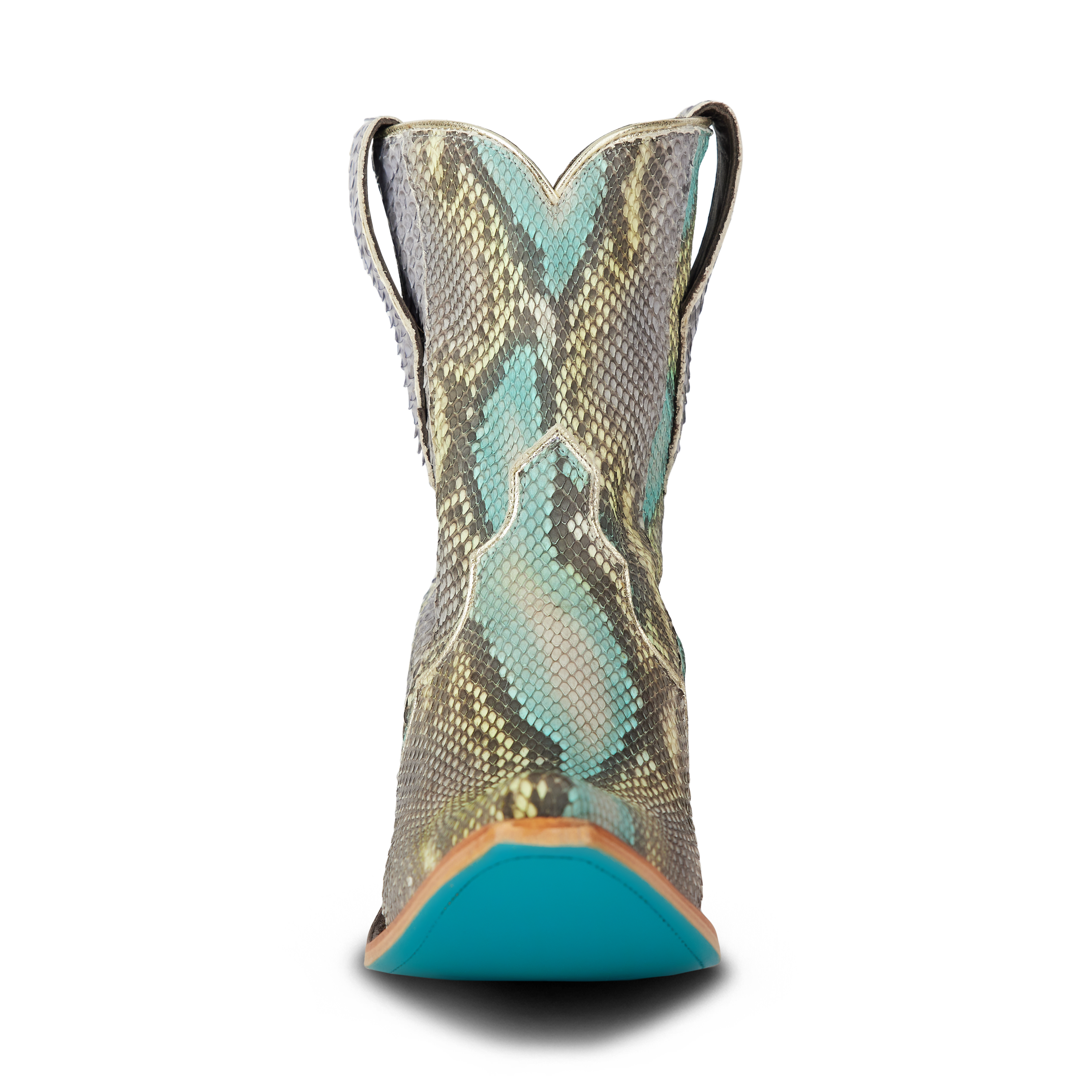 Front view of a snakeskin cowboy boot with a turquoise sole, snip toe, and pull straps on each side of the shaft. The textured pattern features turquoise, tan, and gray scales arranged in a bold, geometric design
