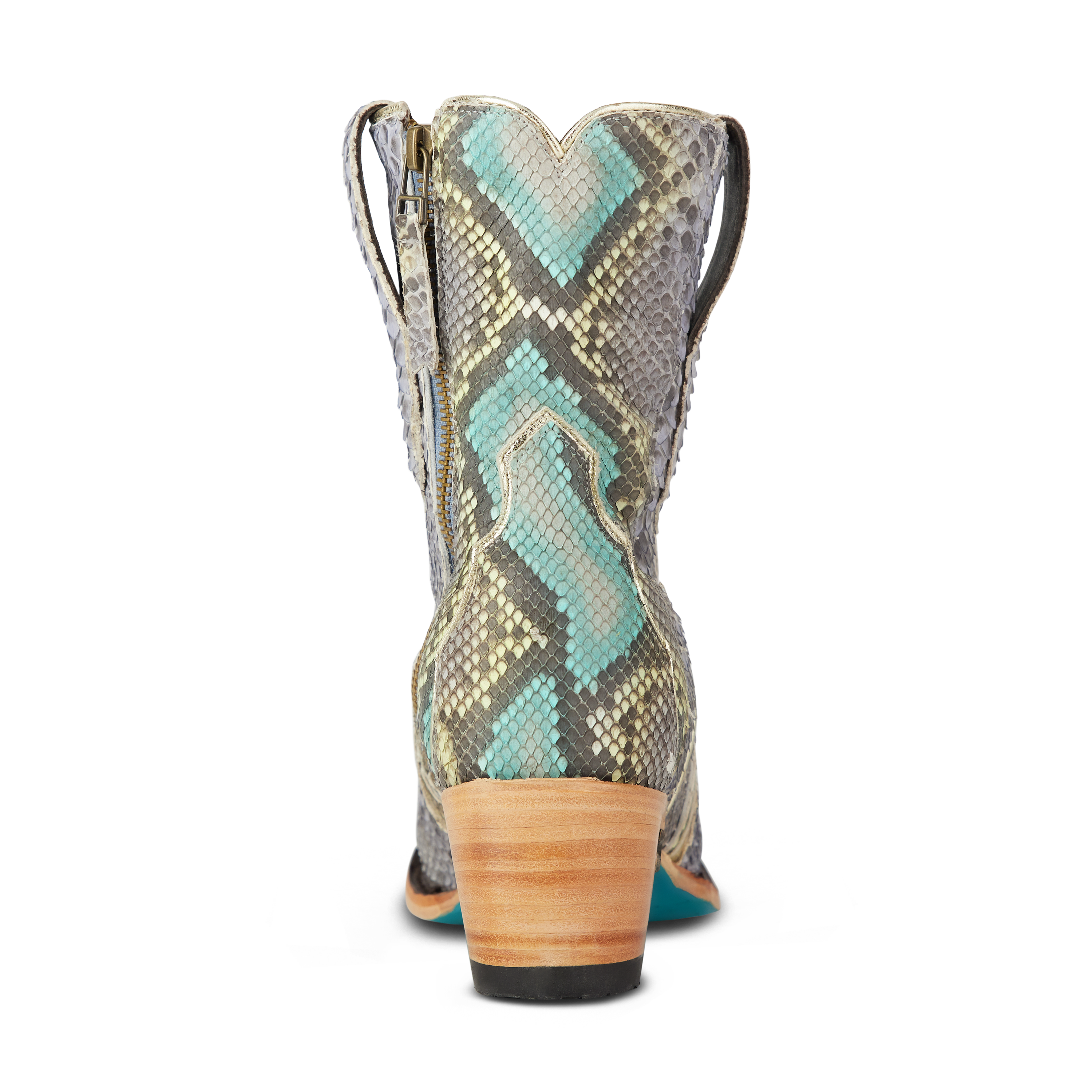 Back view of a snakeskin cowboy boot with a wooden heel, showcasing a gray, turquoise and tan scale pattern and classic pull straps on each side of the shaft