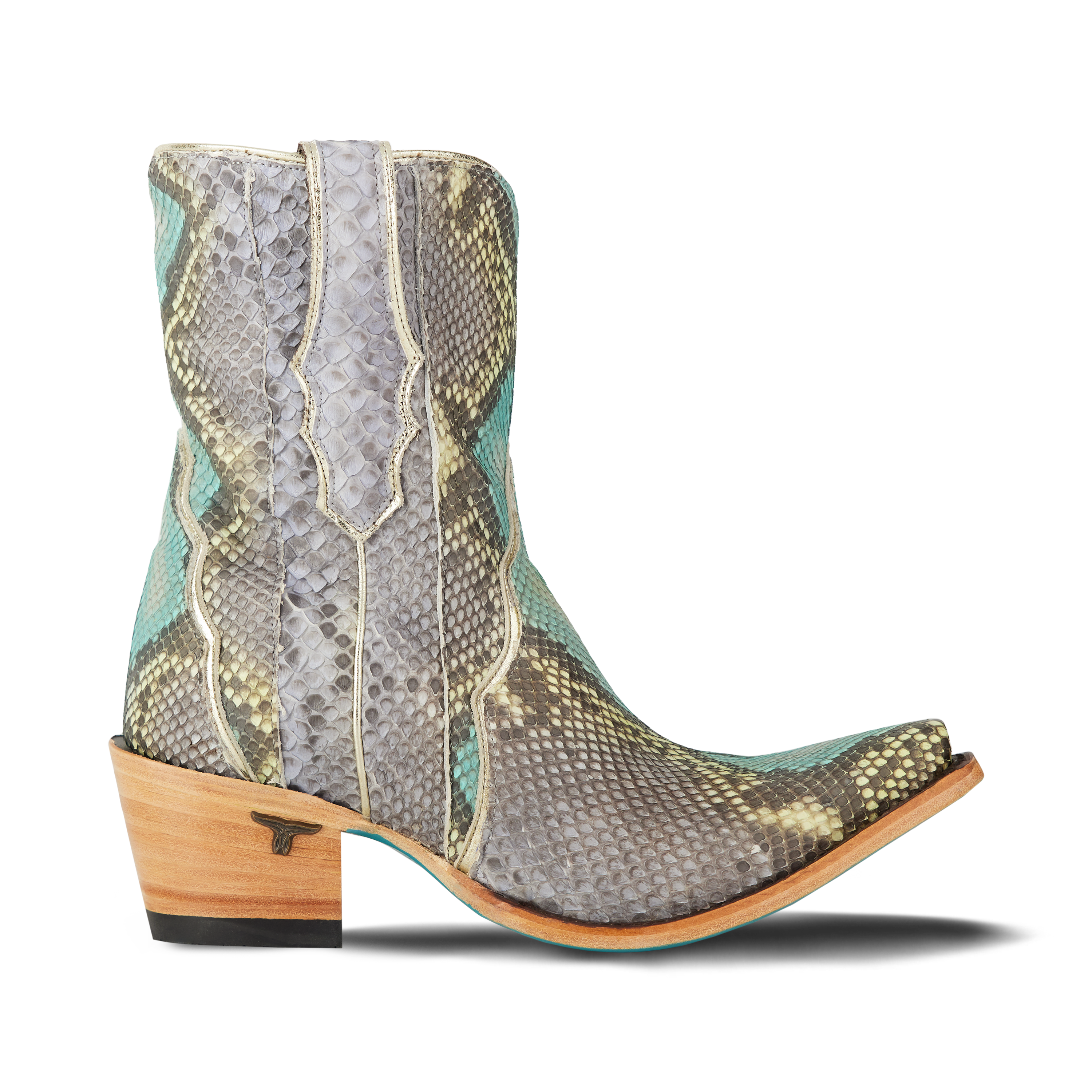 Side profile of a snakeskin cowboy bootie with a snip toe and medium wooden heel, featuring turquoise, tan, and gray scale patterns with cream stitching and a subtle logo near the heel