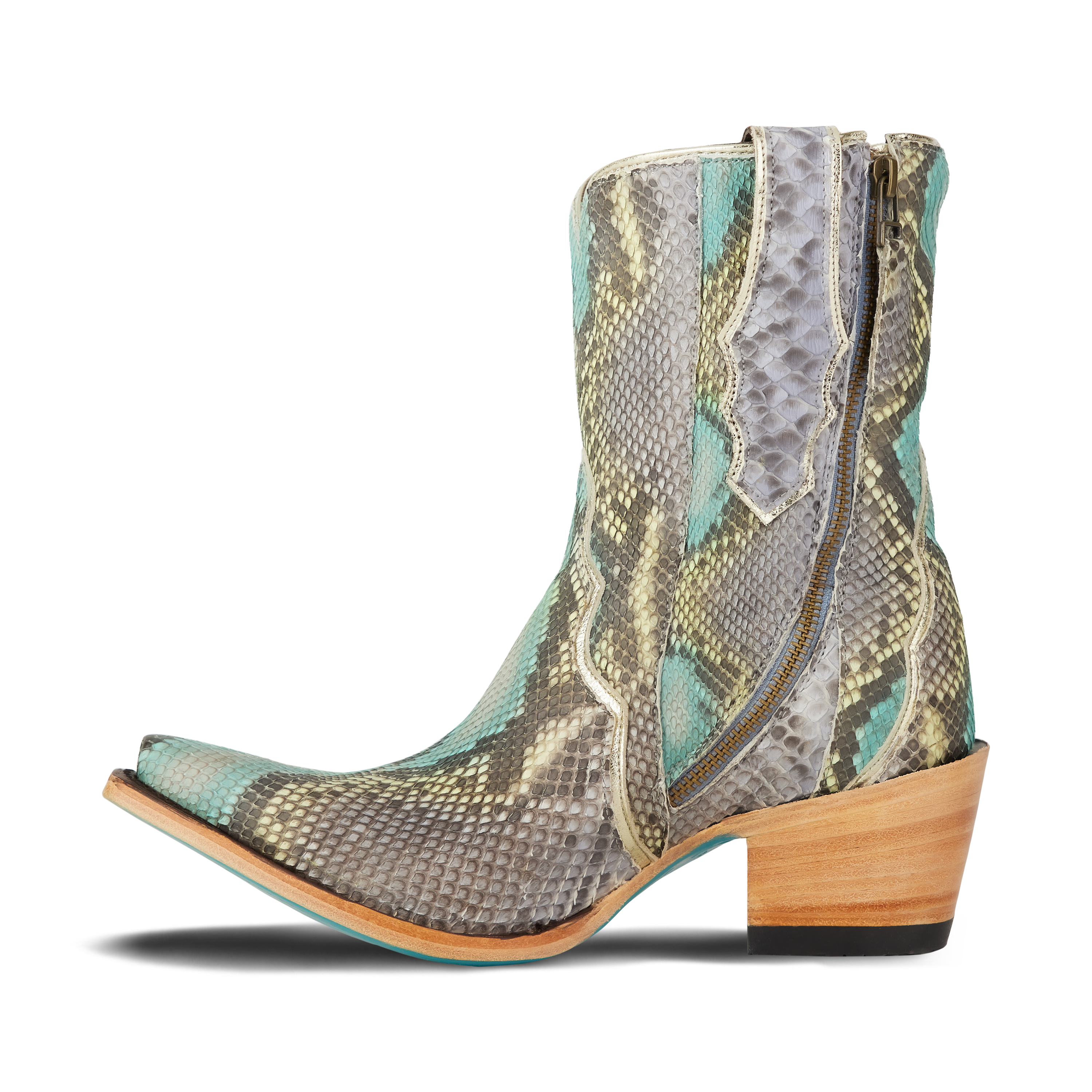Side view of a snakeskin cowboy bootie with a snip toe, and stacked wooden heel. The boot features a gray, turquoise and tan snakeskin pattern with a side zipper and stitched detailing