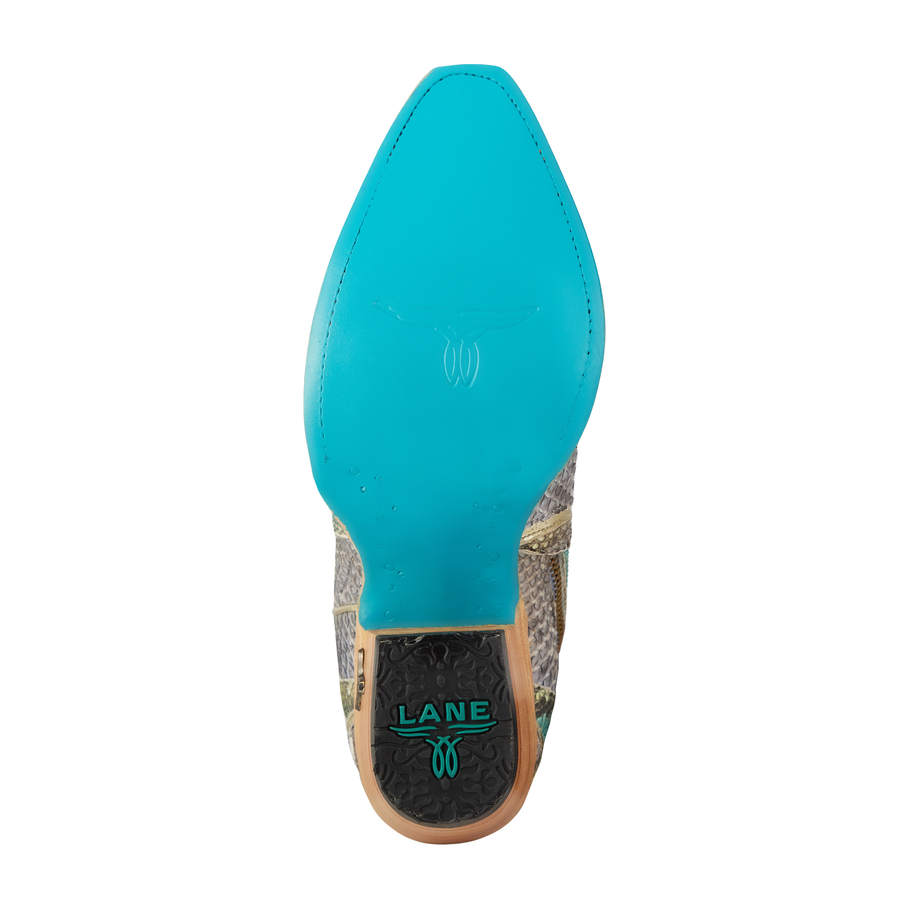 Bottom view of a cowboy boot showing a smooth turquoise sole with a snip toe and the word “LANE” printed near the heel in matching turquoise. The boot has a stacked wooden heel and a textured outsole