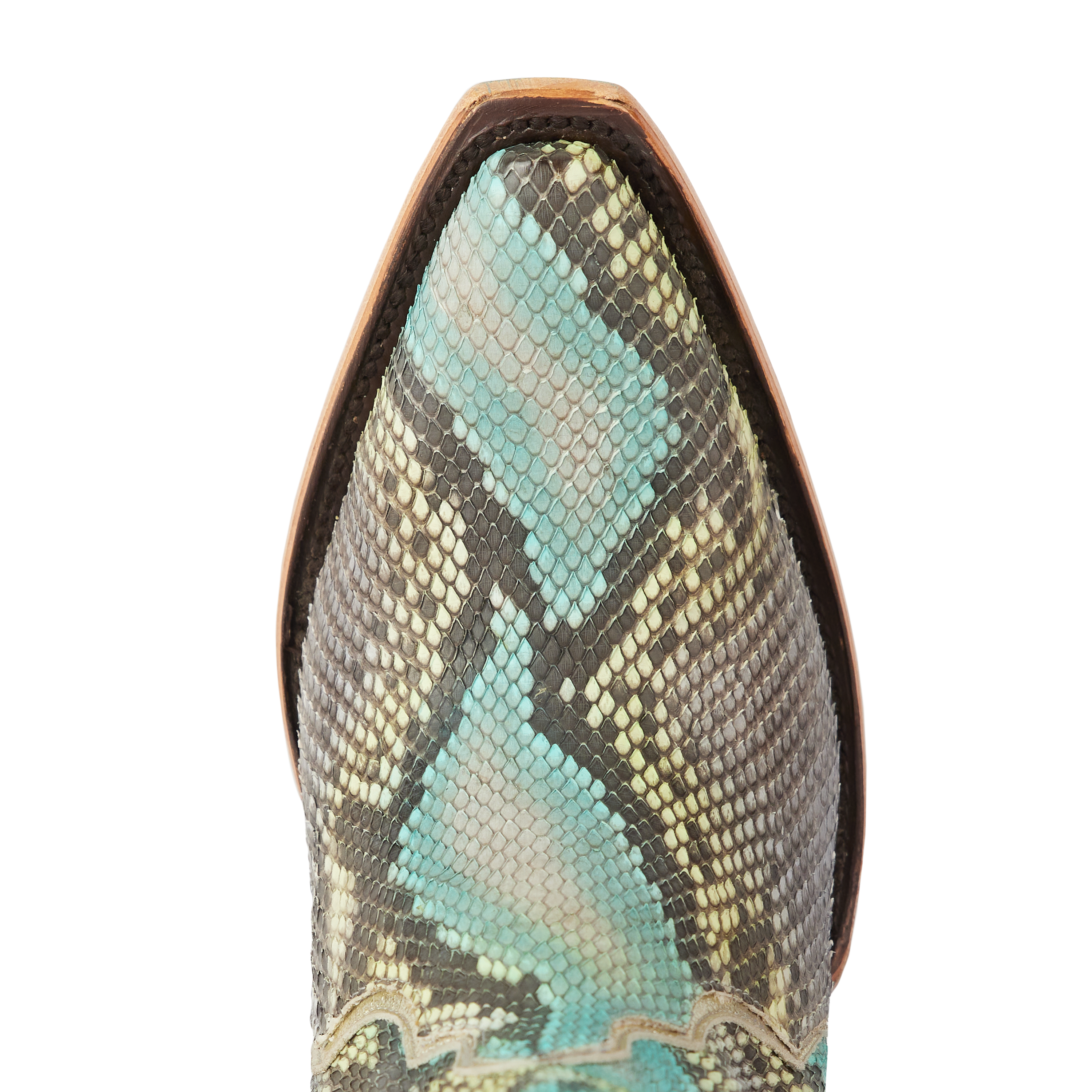 Close-up top view of a snakeskin cowboy boot showcasing a snip toe and intricate scale pattern in shades of turquoise, tan, and gray. A light tan welt outlines the edge, adding contrast to the detailed texture