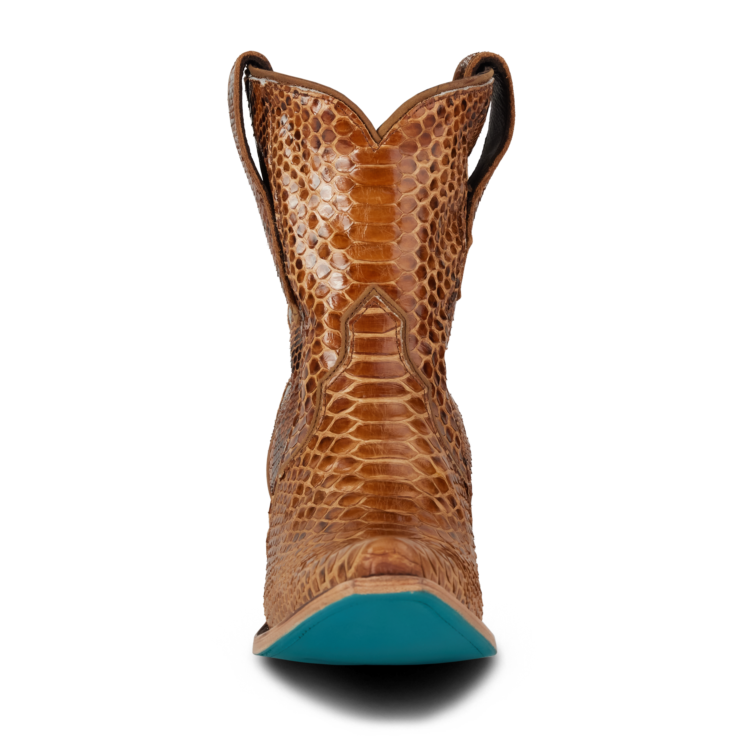 Front view of a snakeskin cowboy boot with a turquoise sole, snip toe, and pull straps on each side of the shaft. The textured pattern features brown scales arranged in a bold, geometric design