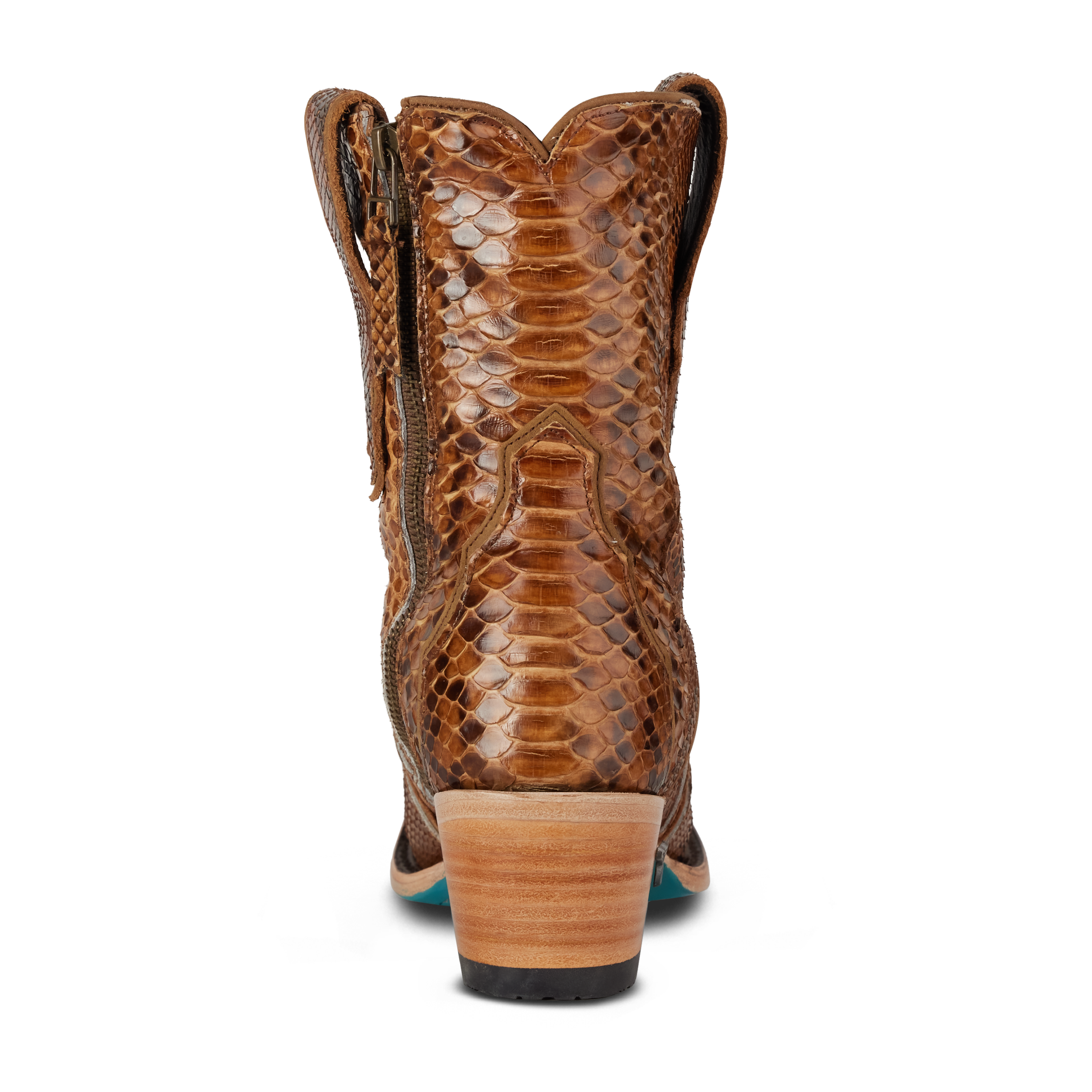 Back view of a snakeskin cowboy boot with a wooden heel, showcasing a brown scale pattern and classic pull straps on each side of the shaft