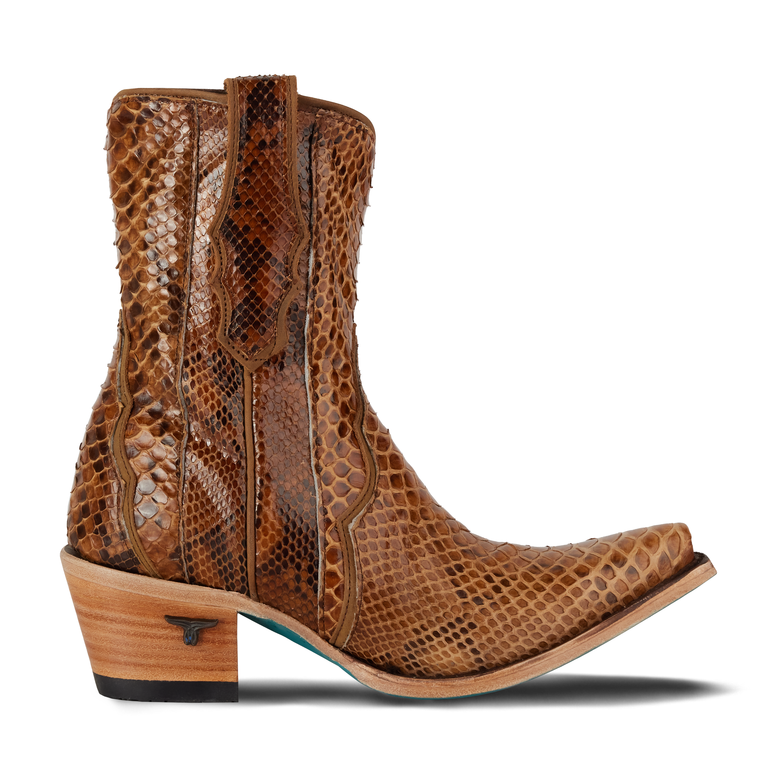 Side profile of a snakeskin cowboy bootie with a snip toe and medium wooden heel, featuring a brown scale pattern with brown stitching and a subtle logo near the heel
