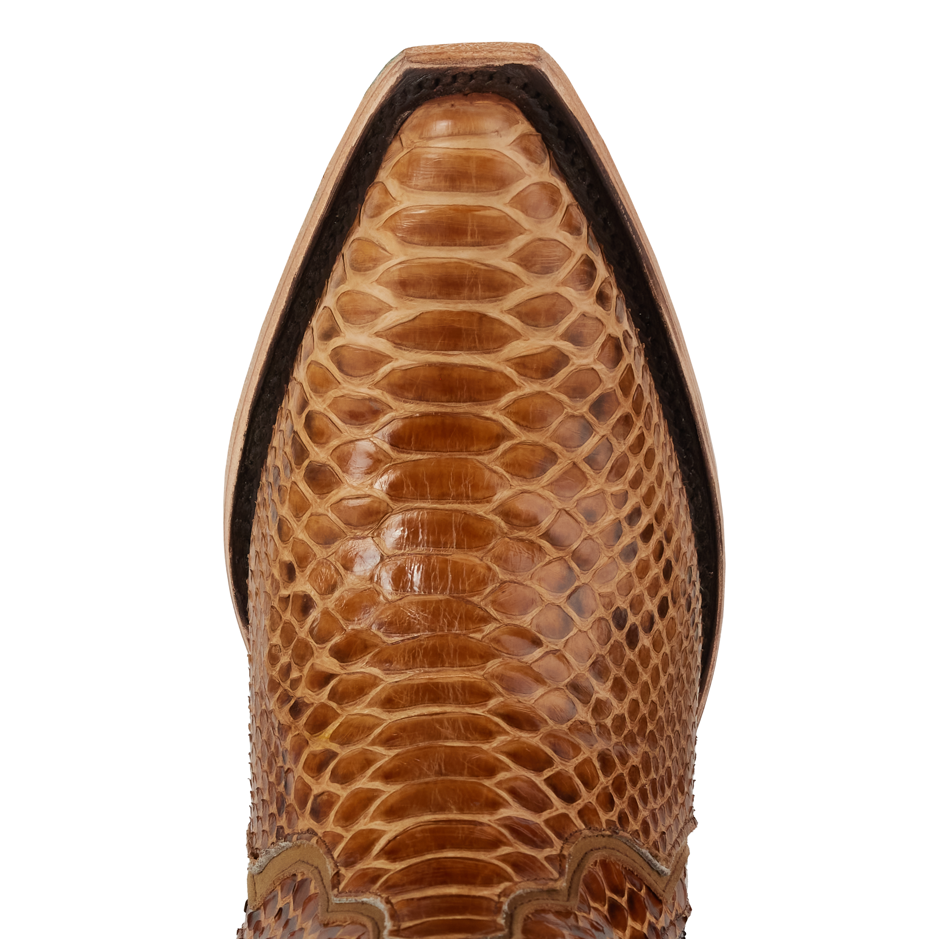 Close-up top view of a snakeskin cowboy boot showcasing a snip toe and intricate scale pattern in brown. A light tan welt outlines the edge, adding contrast to the detailed texture