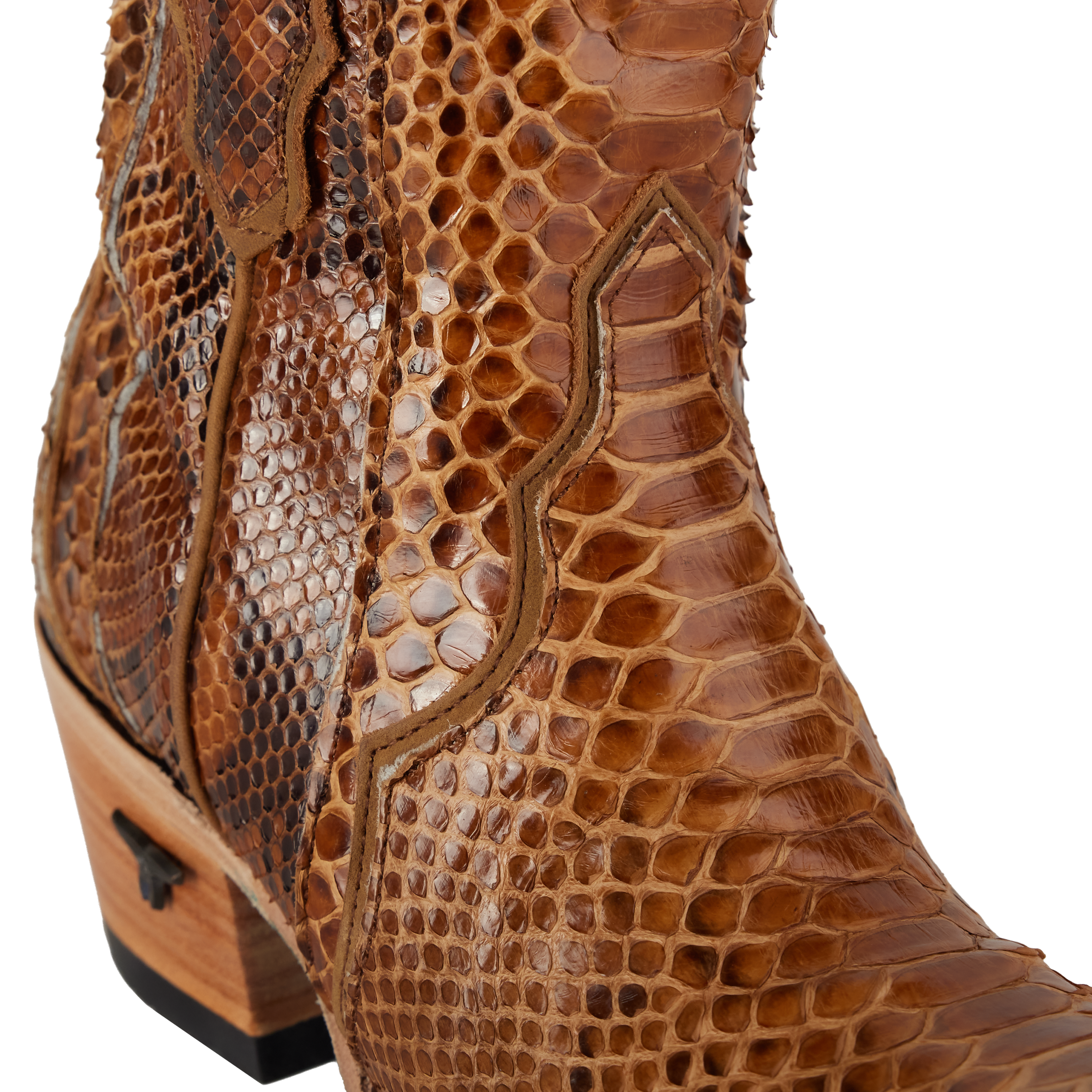 Close-up of a brown snakeskin cowboy boot showcasing its detailed texture and stitching. The boot has curved seam accents and a wooden heel with a black inlay logo