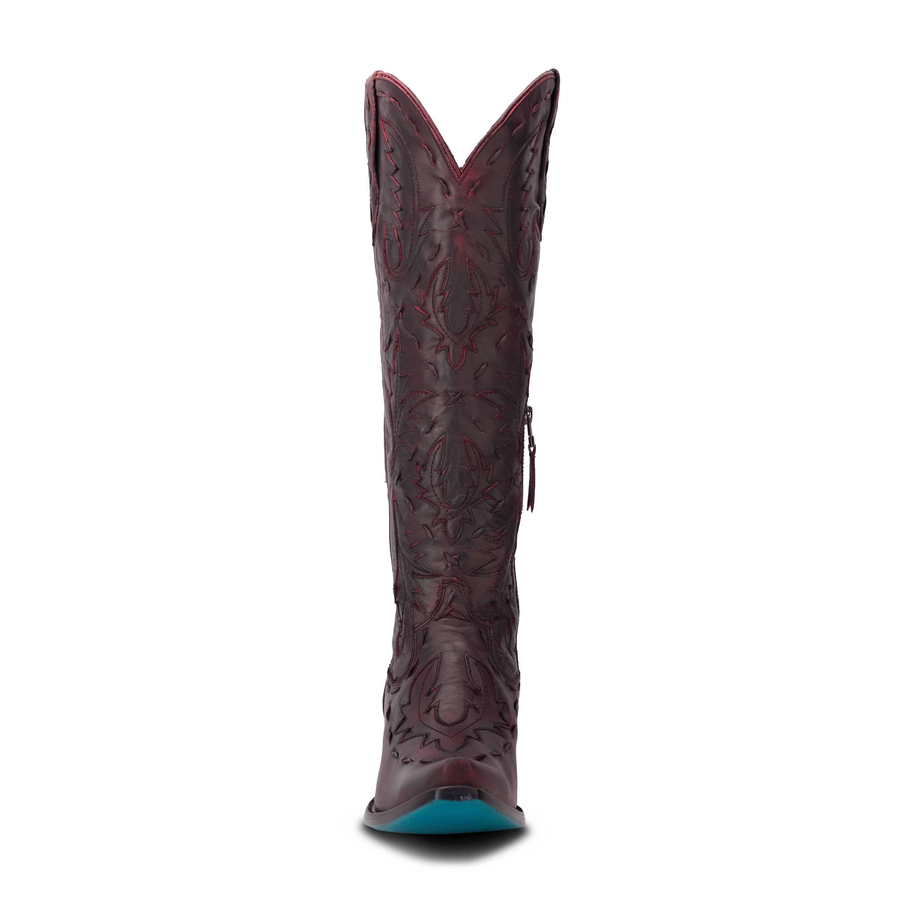 Front view of a dark red cowboy boot with red stitching and a turquoise sole