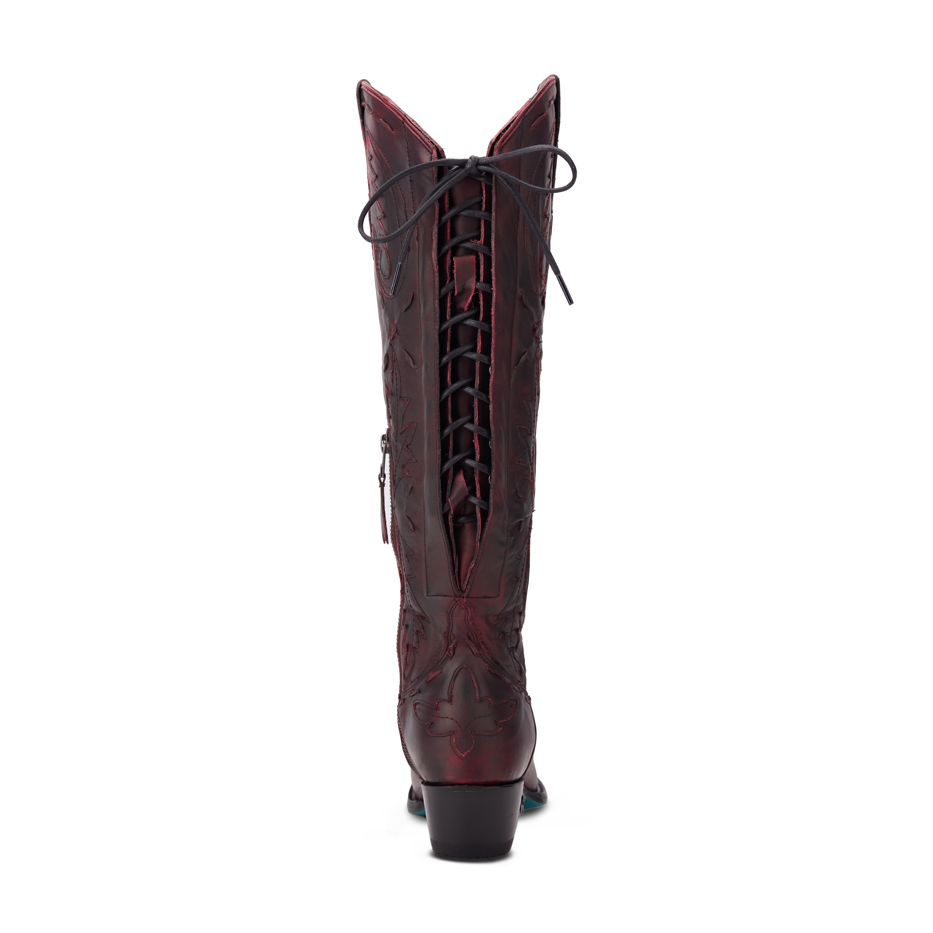 Back view of a dark red cowboy boot with red stitching and lace-up detailing along the shaft