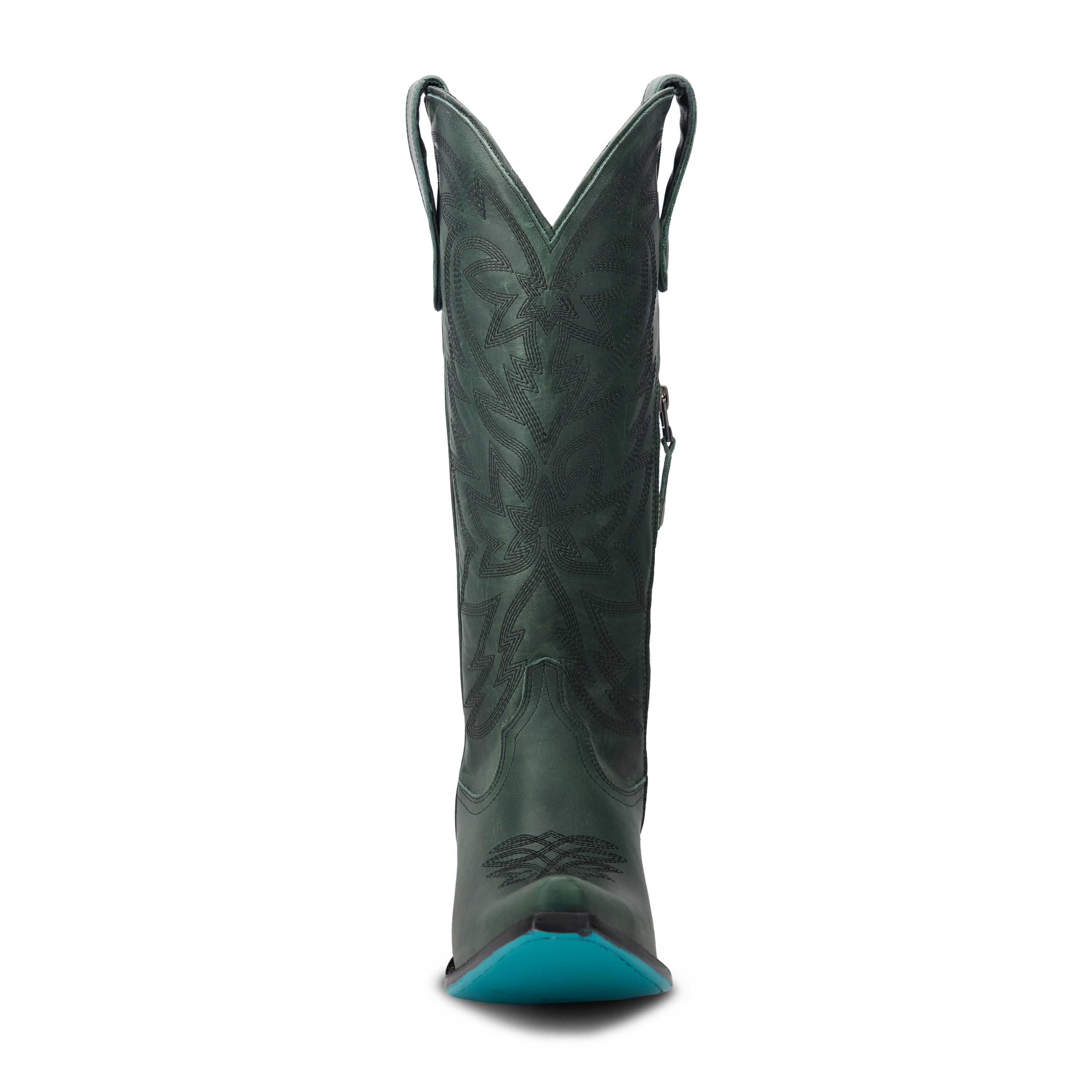 Front view of a tall emerald green cowboy boot with decorative stitching and a pointed toe with a turquoise bottom, on a transparent background