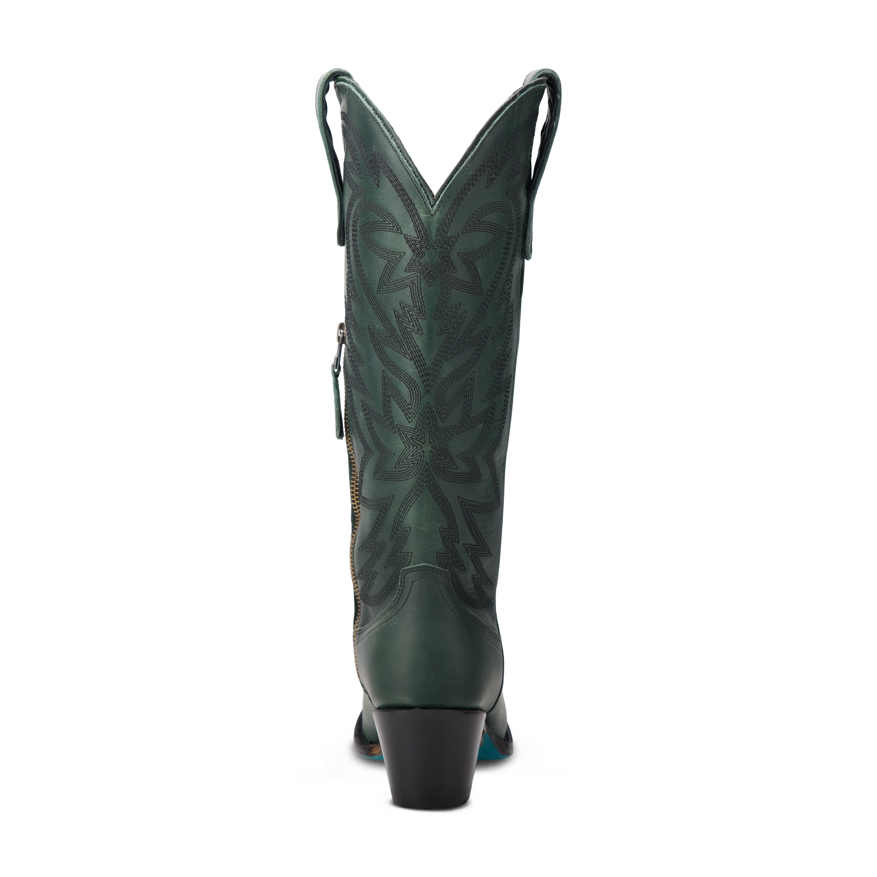 Back view of a tall emerald green cowboy boot with decorative stitching and a black heel, on a transparent background