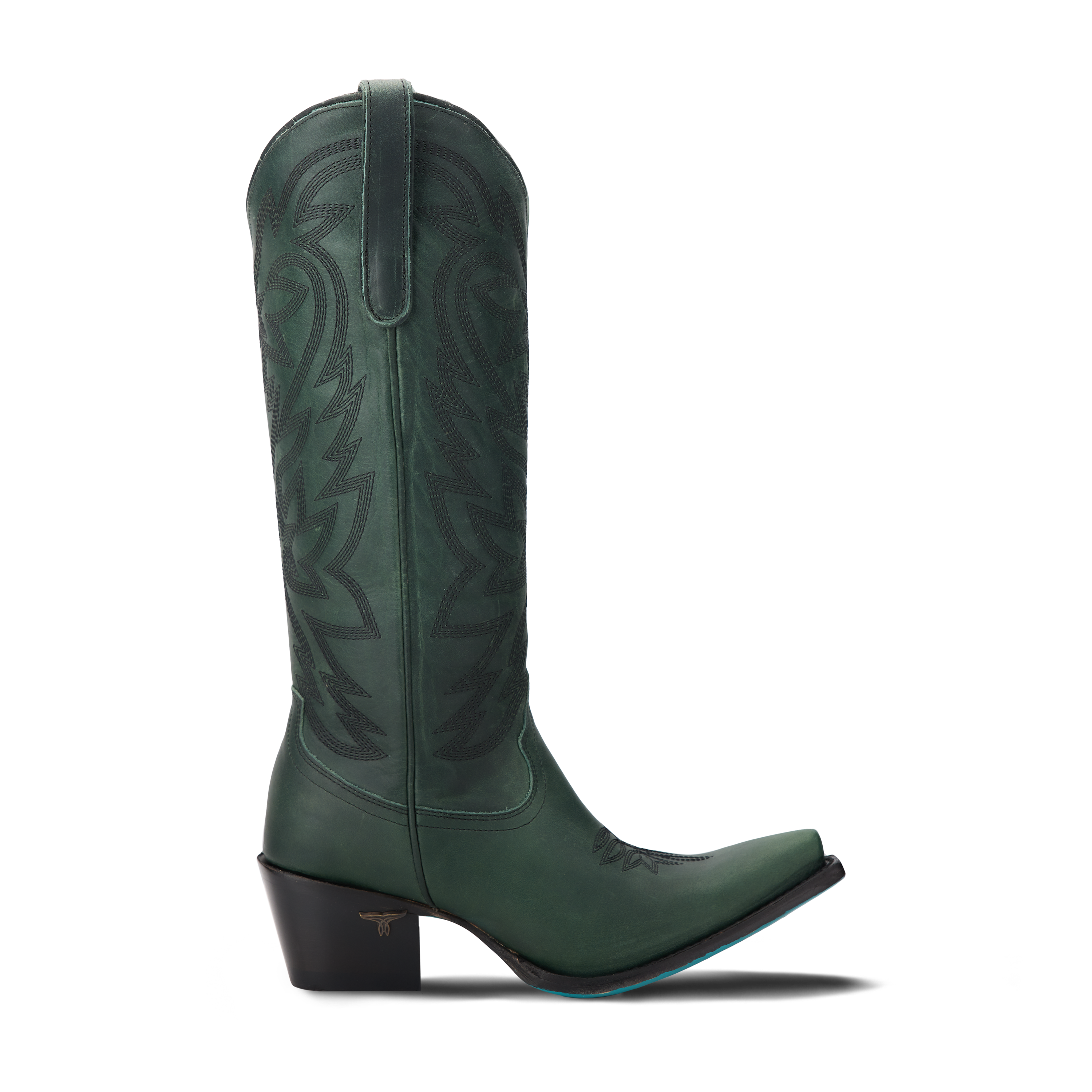 Side view of a tall emerald green cowboy boot with decorative stitching and a black heel, on a transparent background