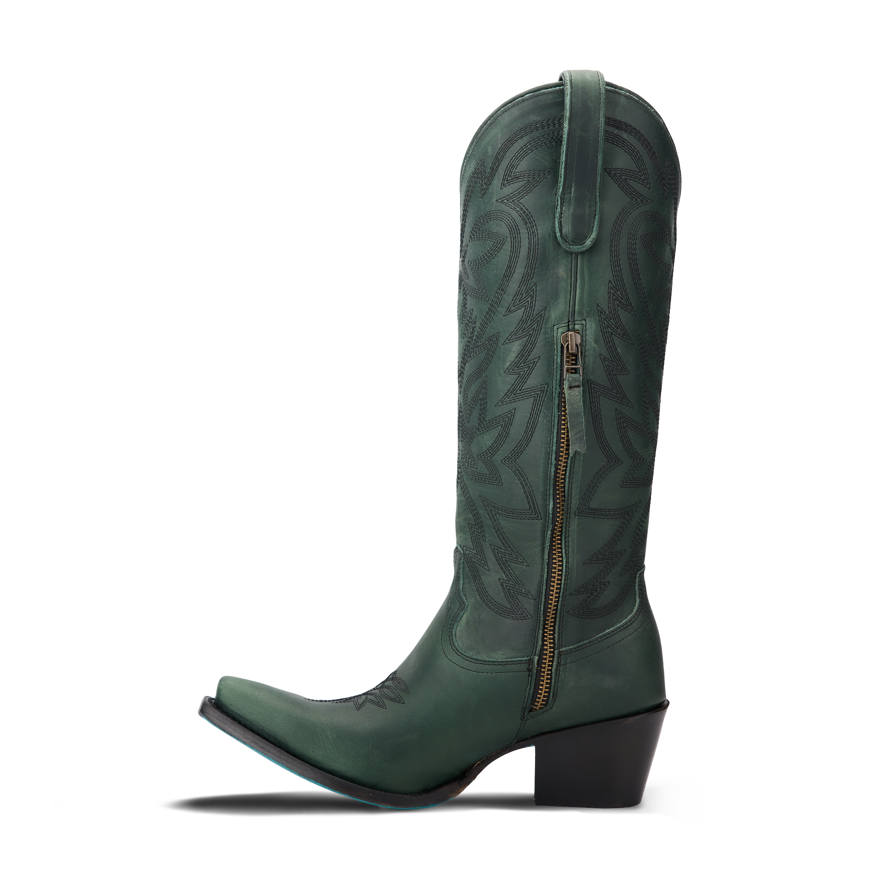 Side view of a tall emerald green cowboy boot with decorative stitching and a zipper, on a transparent background