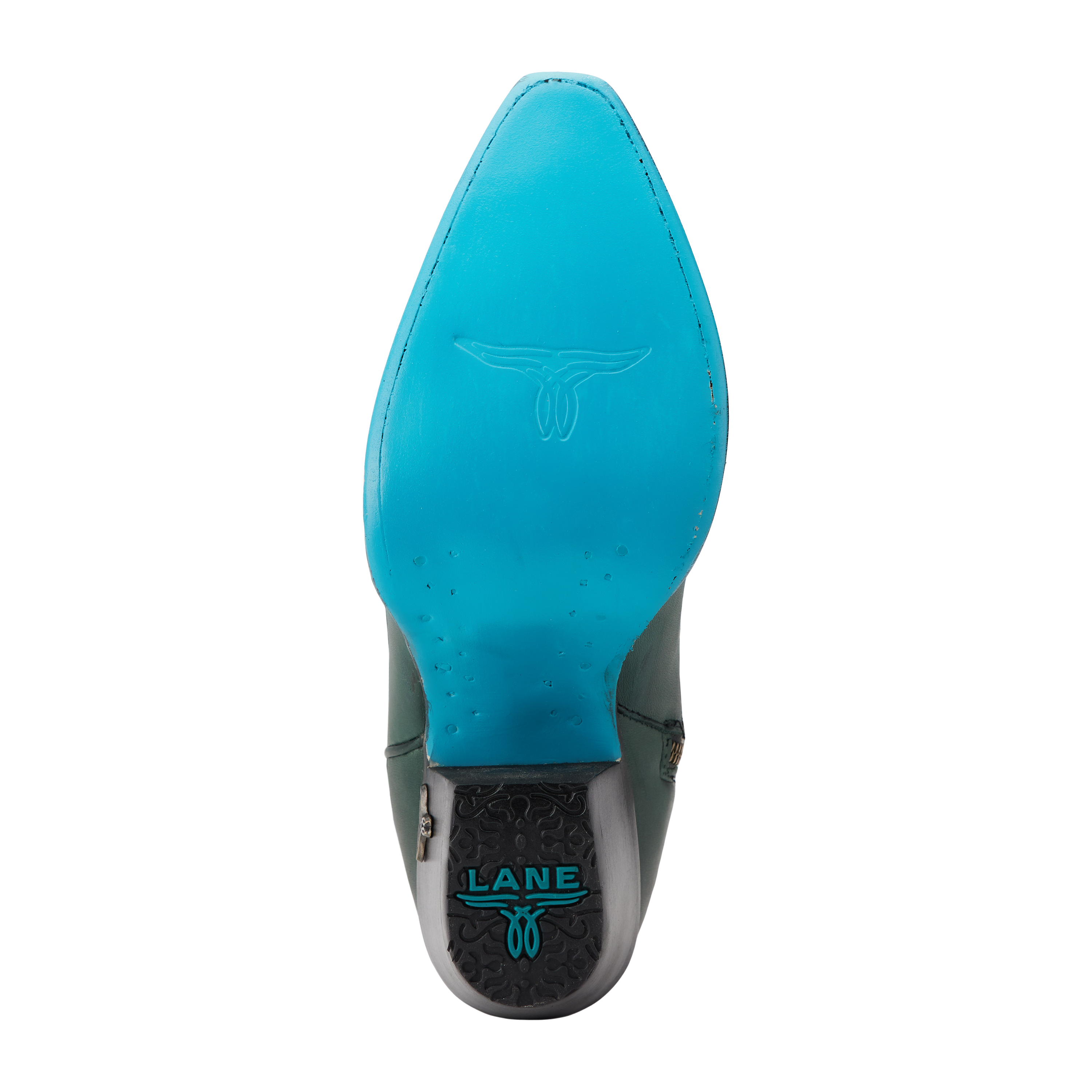 Bottom view of a cowboy boot showing a bright turquoise sole with a subtle longhorn design and black heel cap with the word “LANE” in turquoise