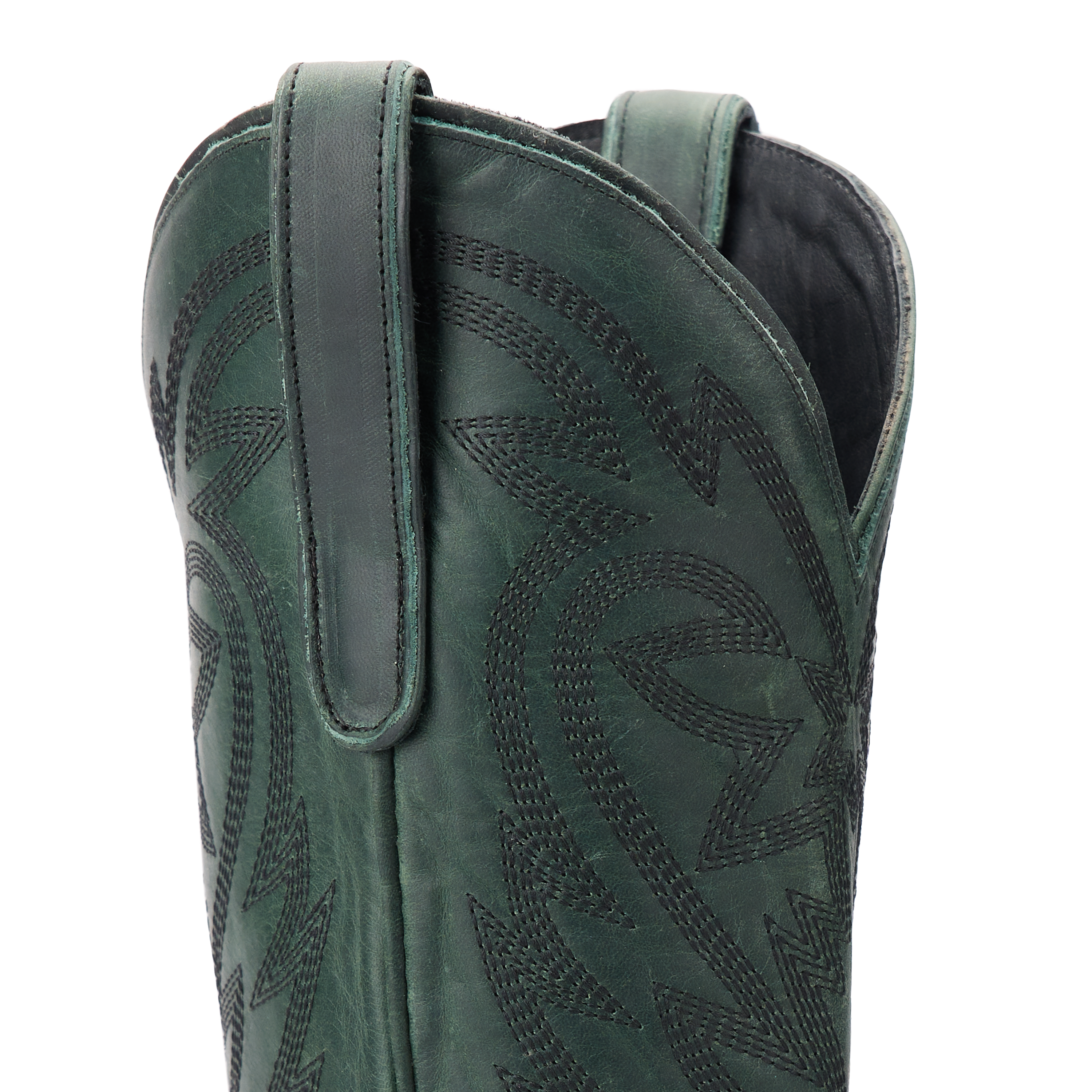 Close-up of the top of a emerald green cowboy boot shaft with decorative stitching on a transparent background