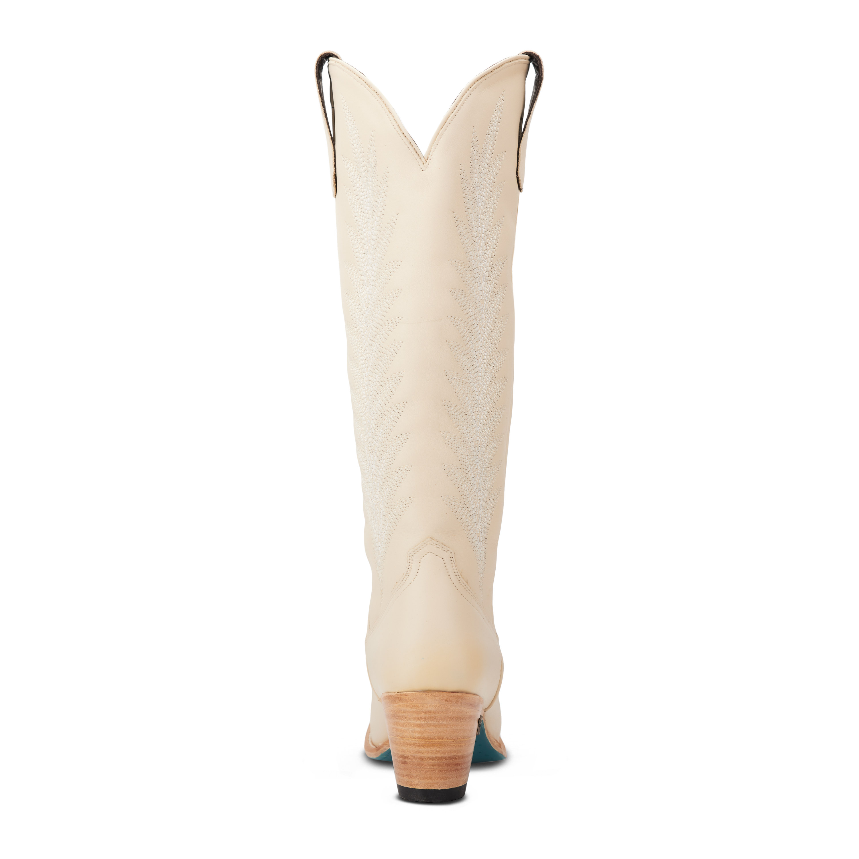 Back view of a tall cream colored cowboy boot with a V-cut top, pull straps, decorative stitching along the shaft, and a stacked heel