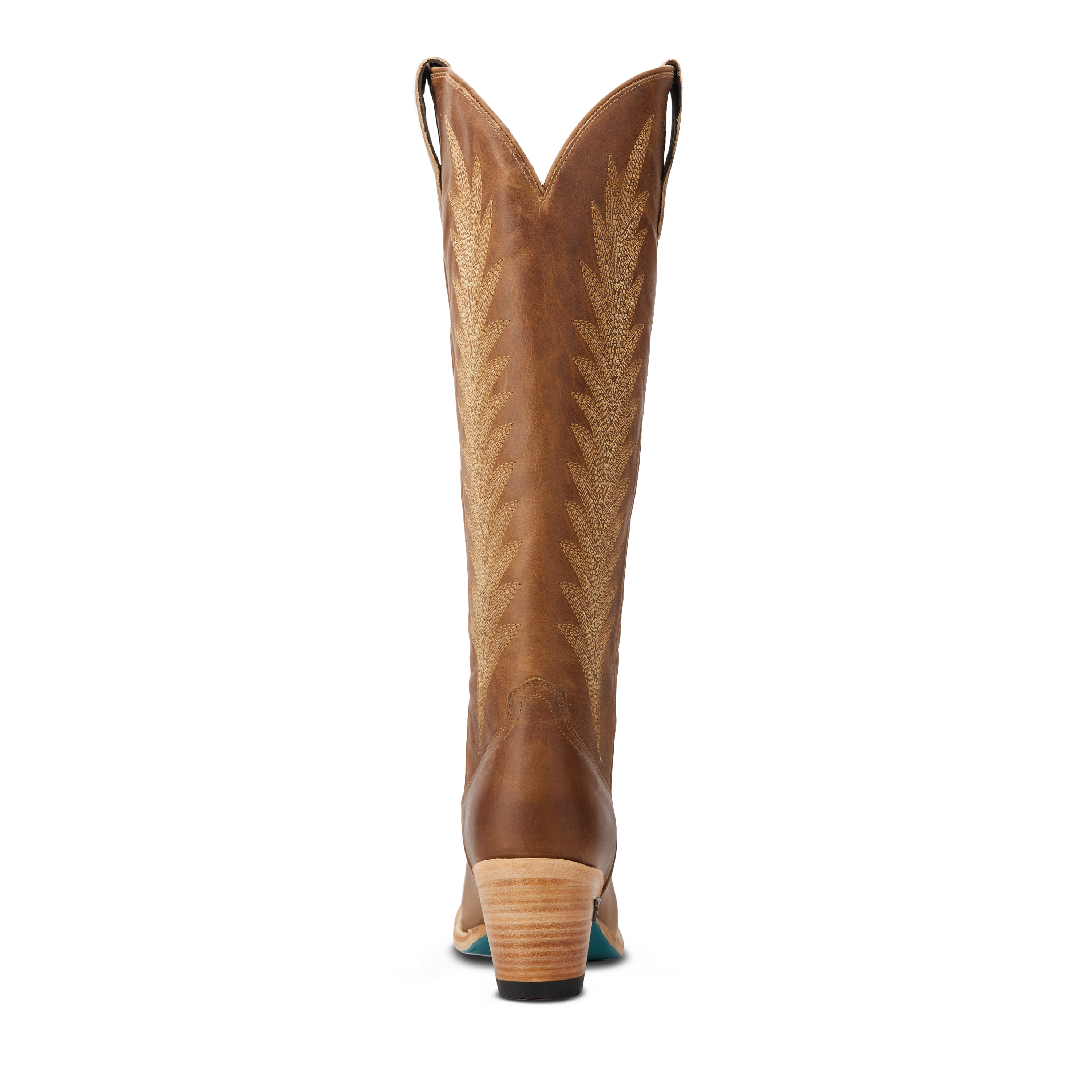 Back view of a tall brown cowboy boot with a V-cut top, pull straps, decorative stitching along the shaft, and a stacked heel