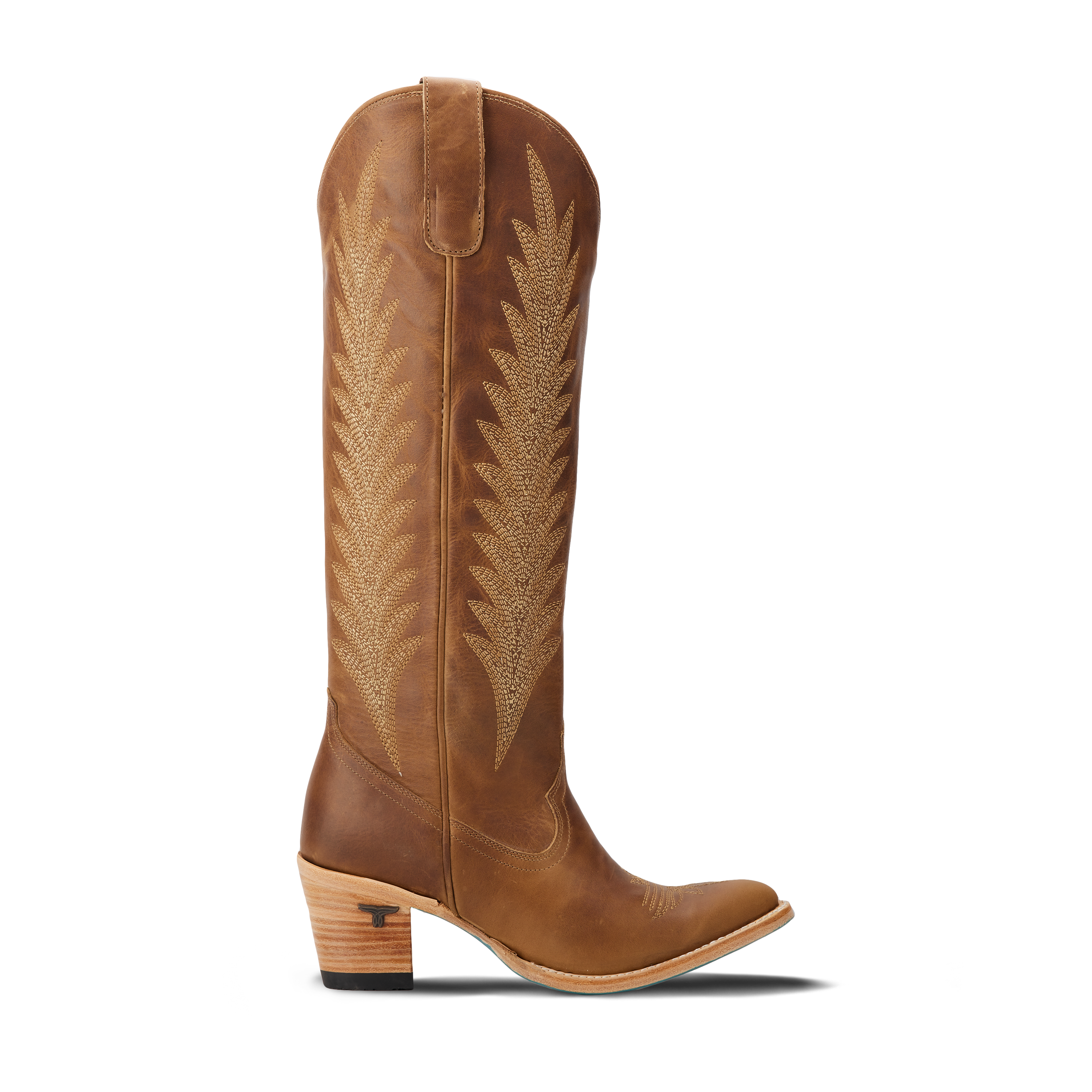 Side view of a tall brown cowboy boot with decorative stitching on the shaft, pull tabs at the top, a pointed toe, and a stacked heel