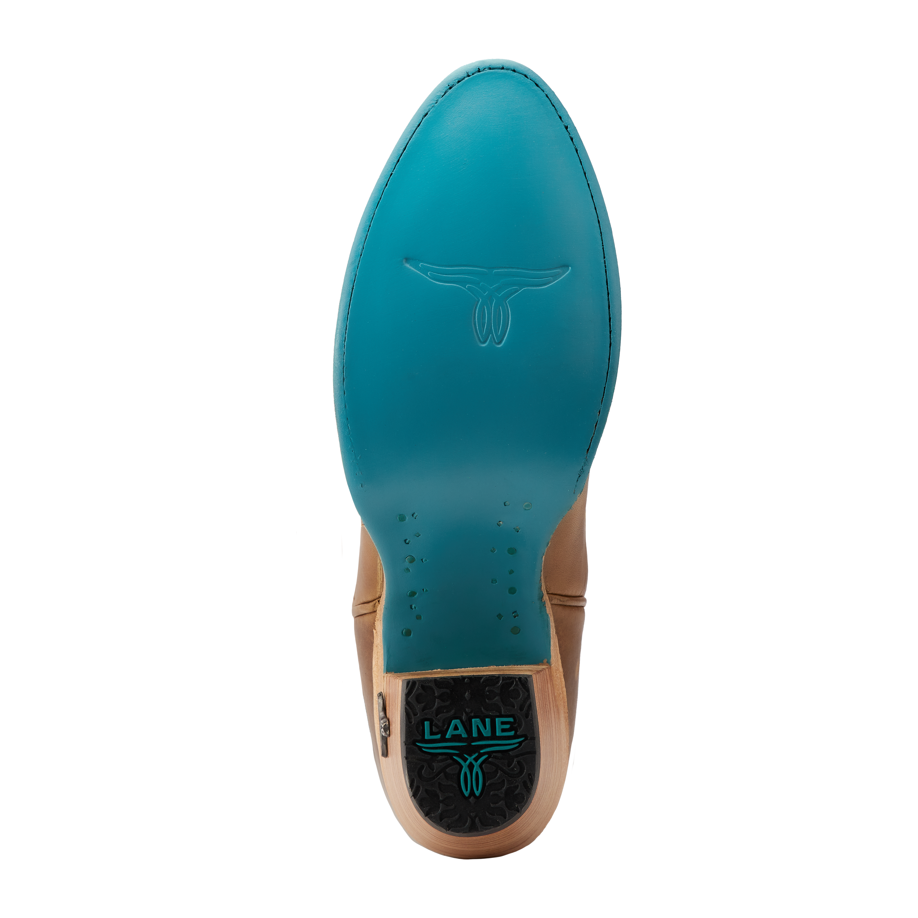 Bottom view of a cowboy boot with a pointed toe and signature turquoise sole featuring a longhorn logo and “Lane” branding near the heel