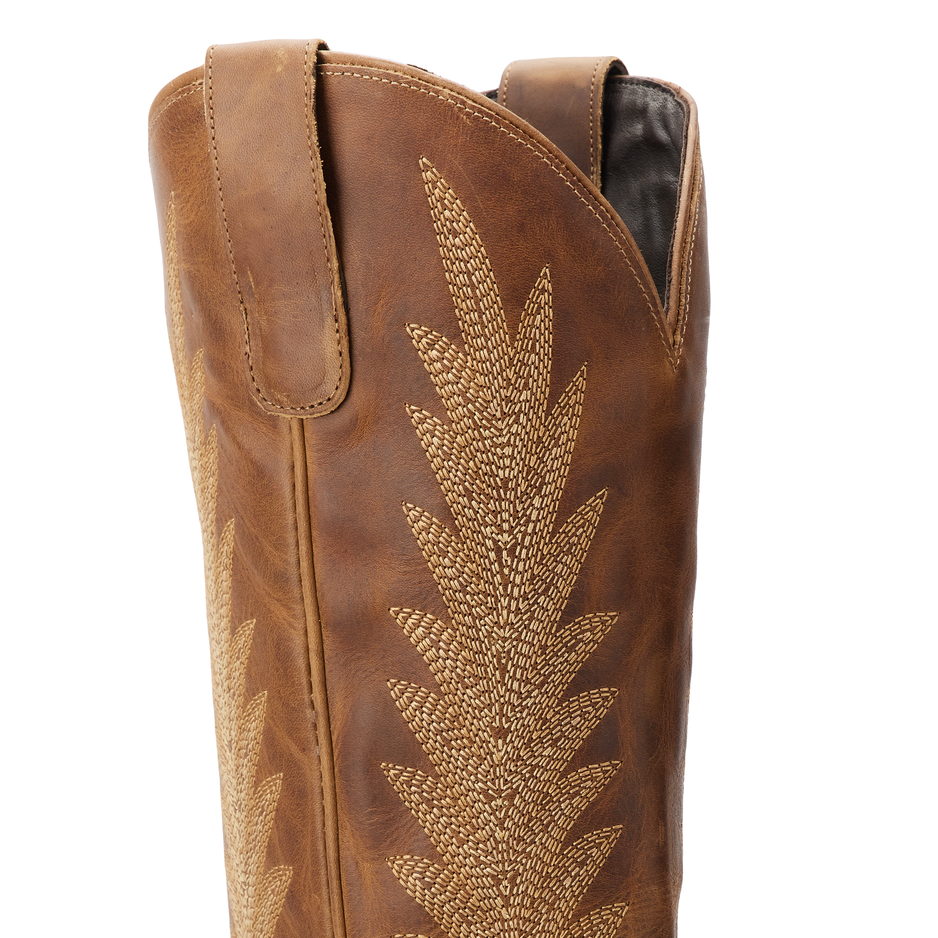 Close-up of the upper shaft of a brown cowboy boot featuring detailed golden stitching in a leafy pattern and side pull tabs