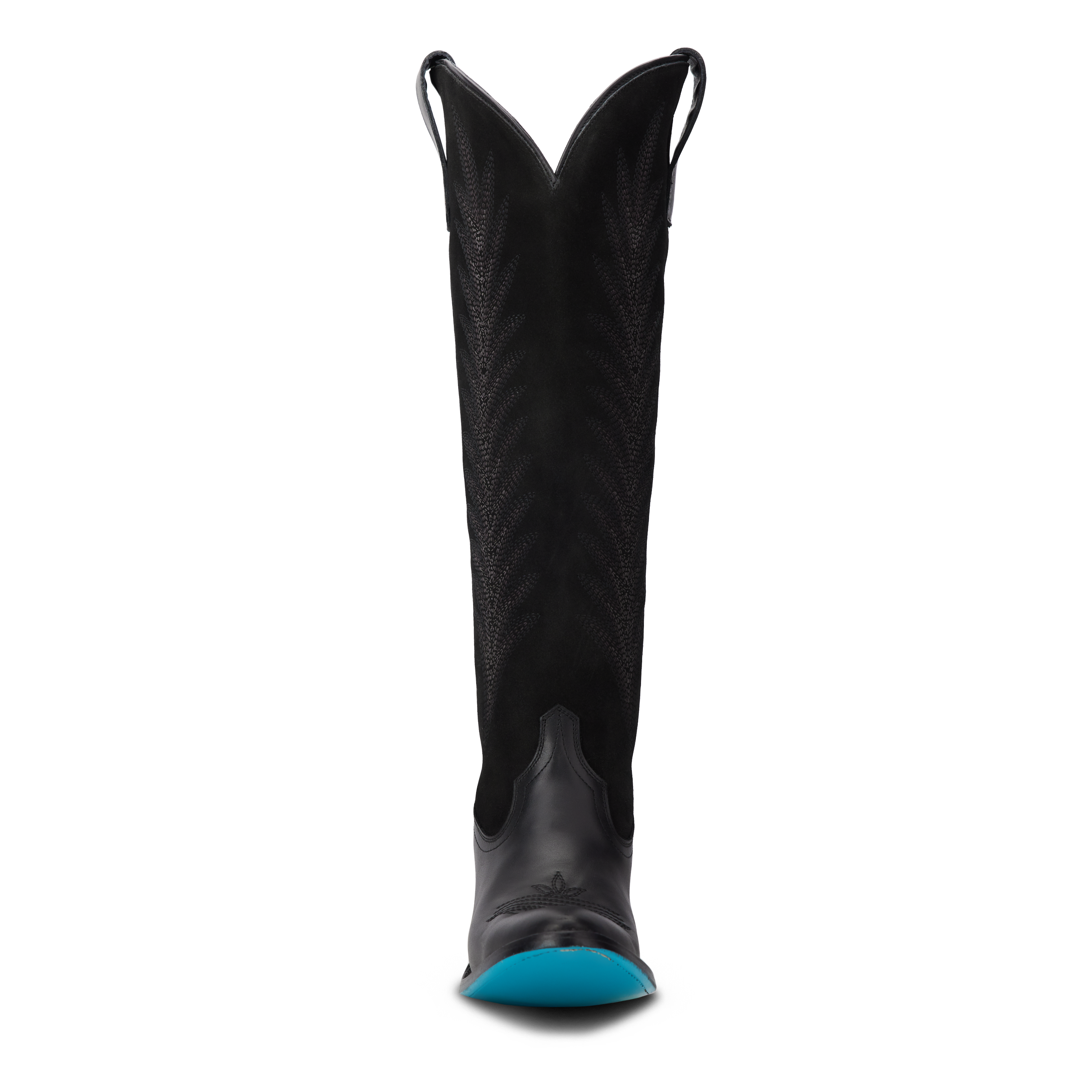 Front view of a tall black cowboy boot with a V-cut top and pull straps, featuring intricate stitching along the shaft and a turquoise sole peeking out from the toe