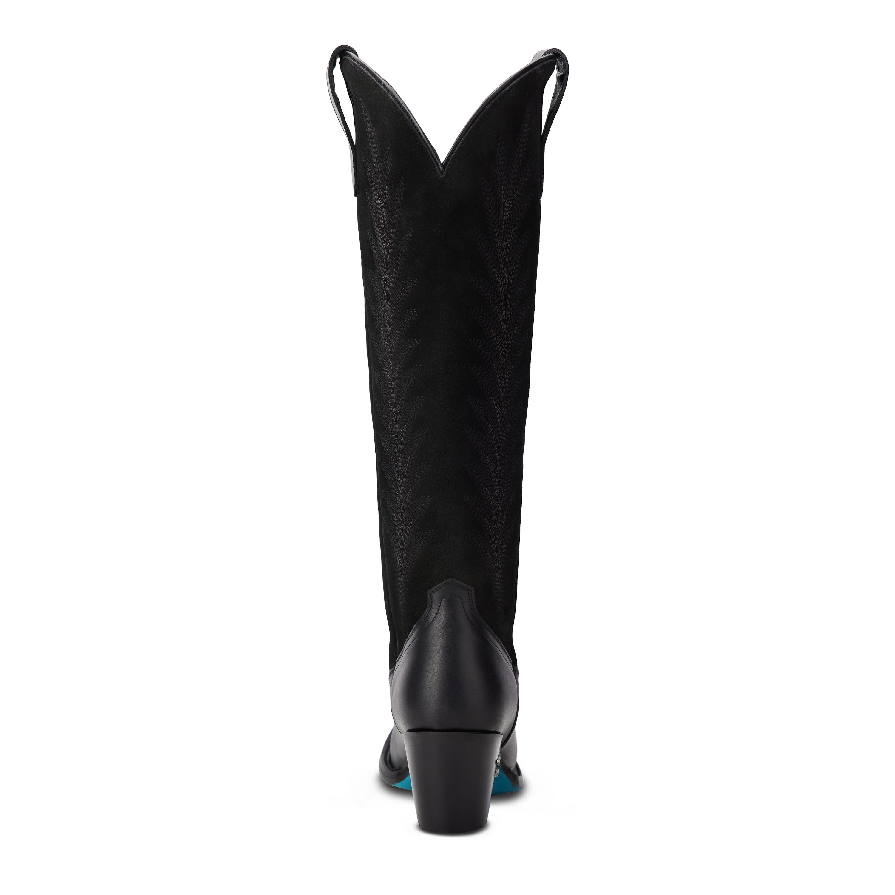 Back view of a tall black cowboy boot with a V-cut top, pull straps, decorative stitching along the shaft, and a black heel