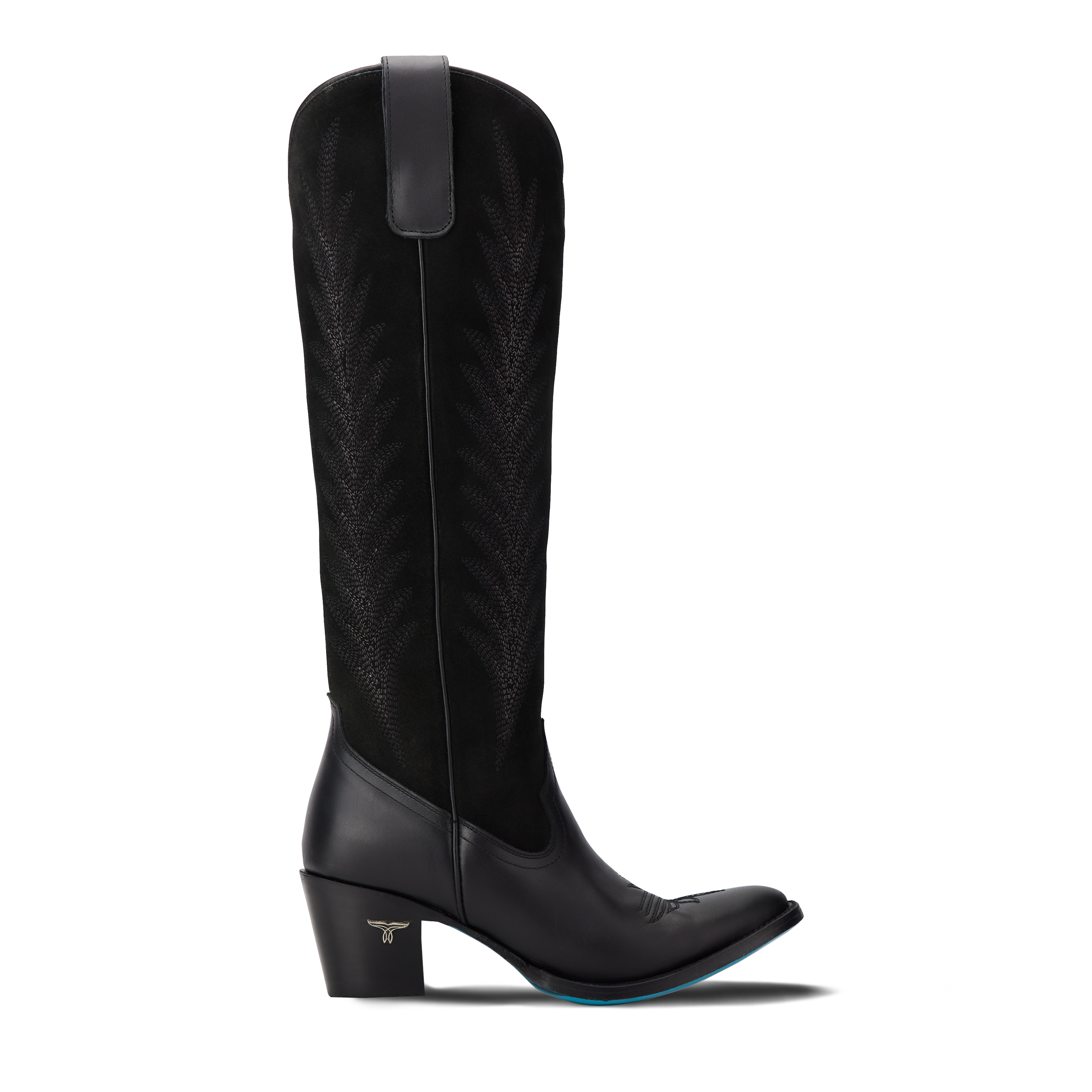 Side view of a tall black cowboy boot with decorative stitching on the shaft, pull tabs at the top, a pointed toe, and a black heel